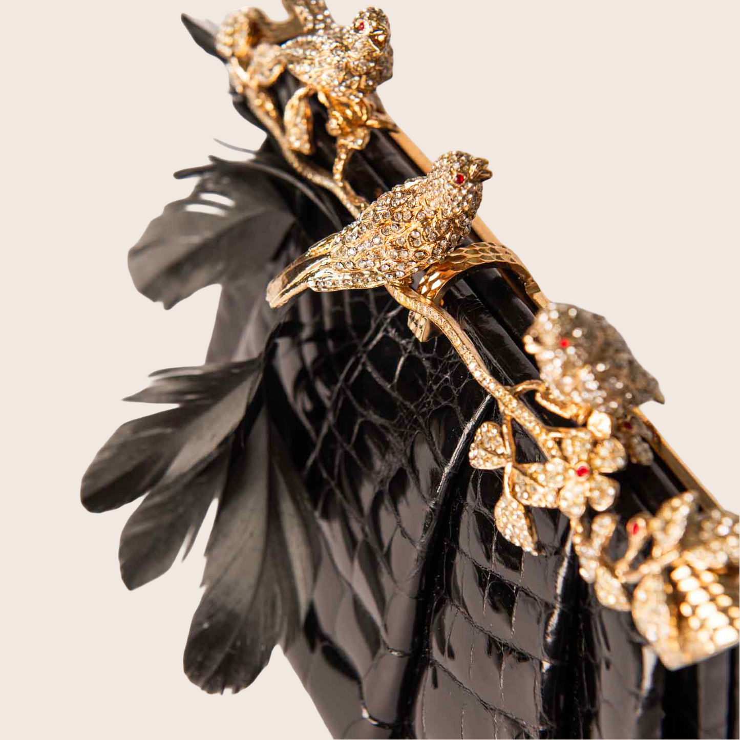 Valentino Black Crocodile Clutch with Crystal Bird Clasp