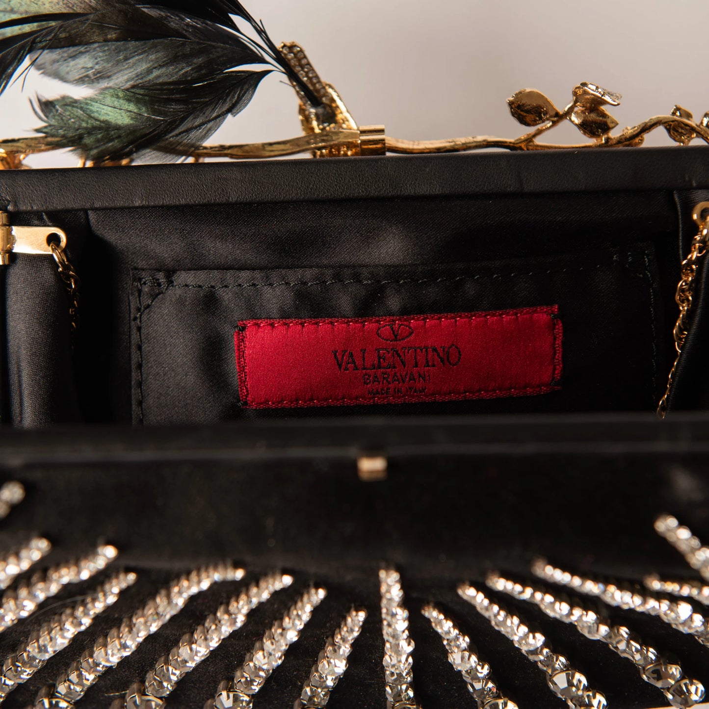 Valentino Crystal Bird Clutch with Feather & Rhinestone Embellishments