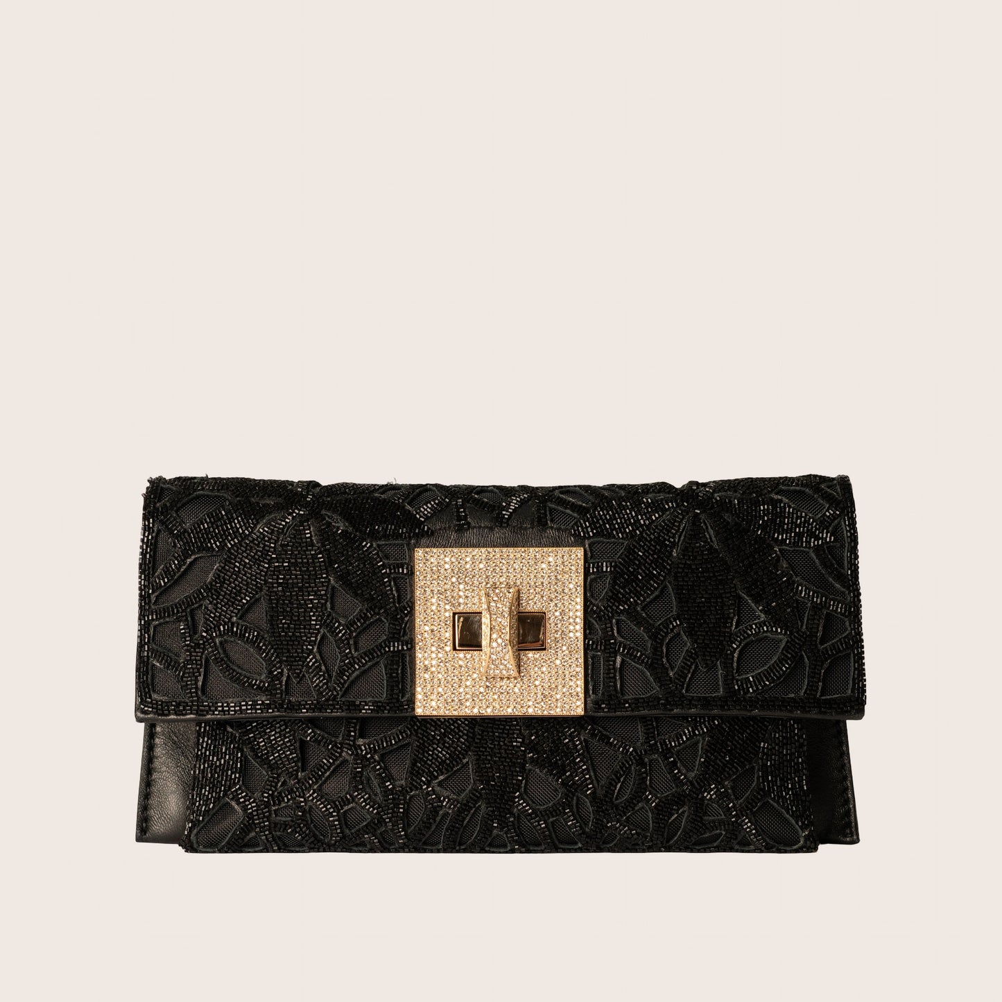 Valentino Black Beaded Lace Clutch with Crystal Turnlock Closure