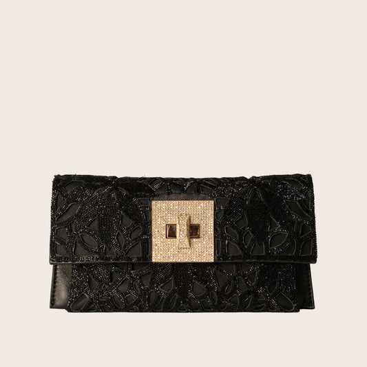 Valentino Black Beaded Lace Clutch with Crystal Turnlock Closure