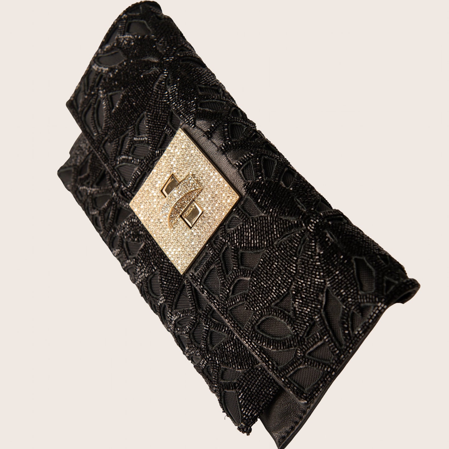 Valentino Black Beaded Lace Clutch with Crystal Turnlock Closure