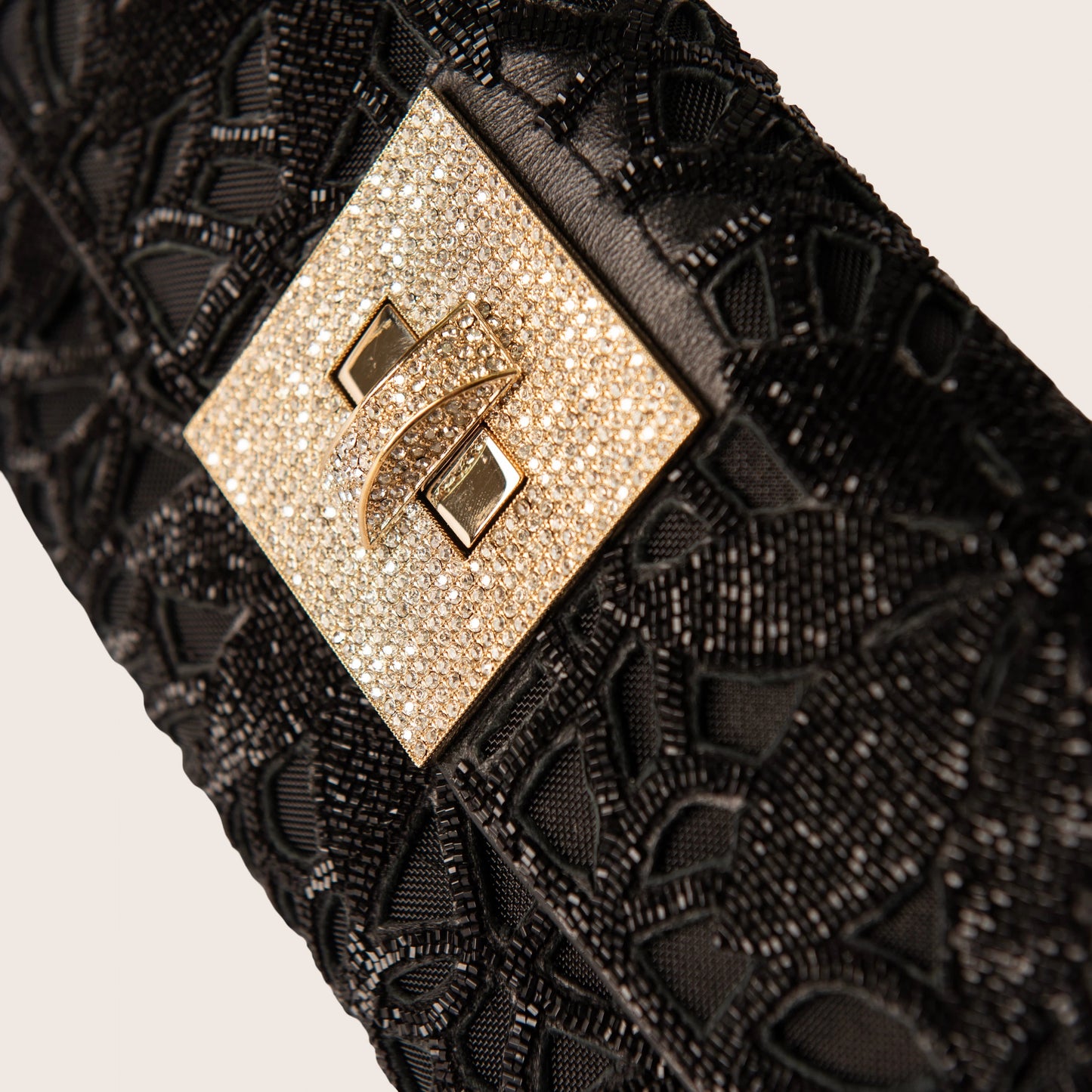 Valentino Black Beaded Lace Clutch with Crystal Turnlock Closure