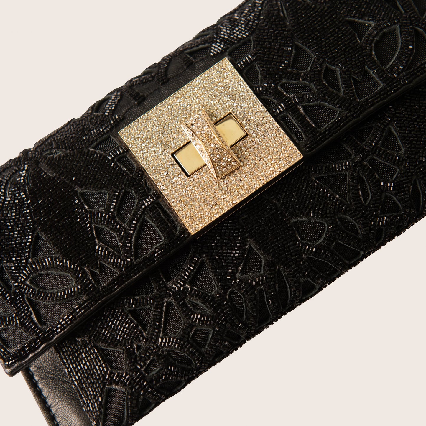 Valentino Black Beaded Lace Clutch with Crystal Turnlock Closure
