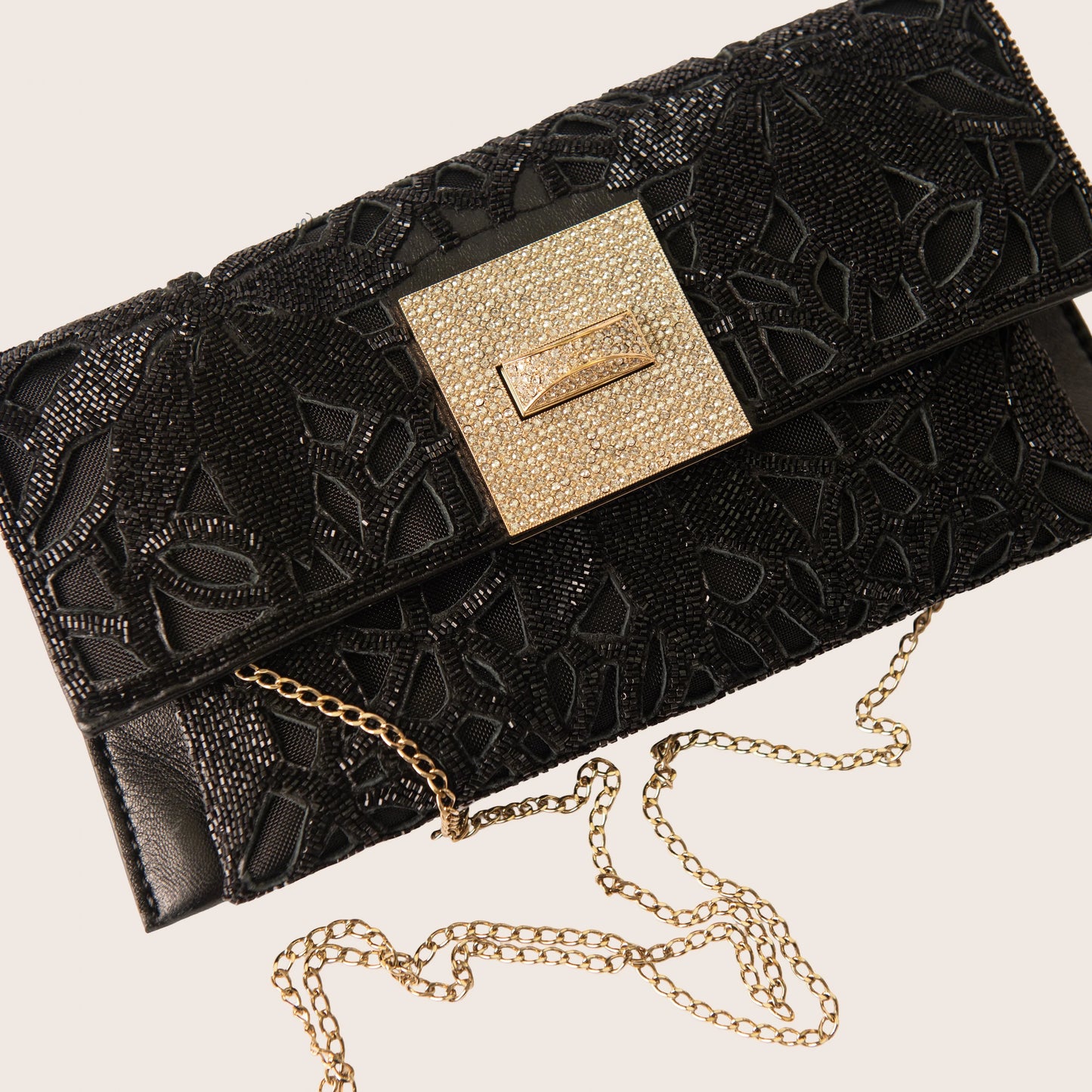Valentino Black Beaded Lace Clutch with Crystal Turnlock Closure