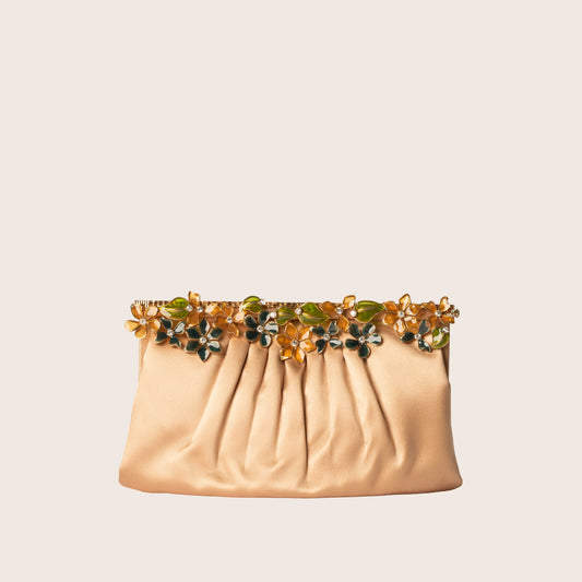 Valentino Garavani Champagne Satin Clutch with Floral Enamel & Crystal Frame