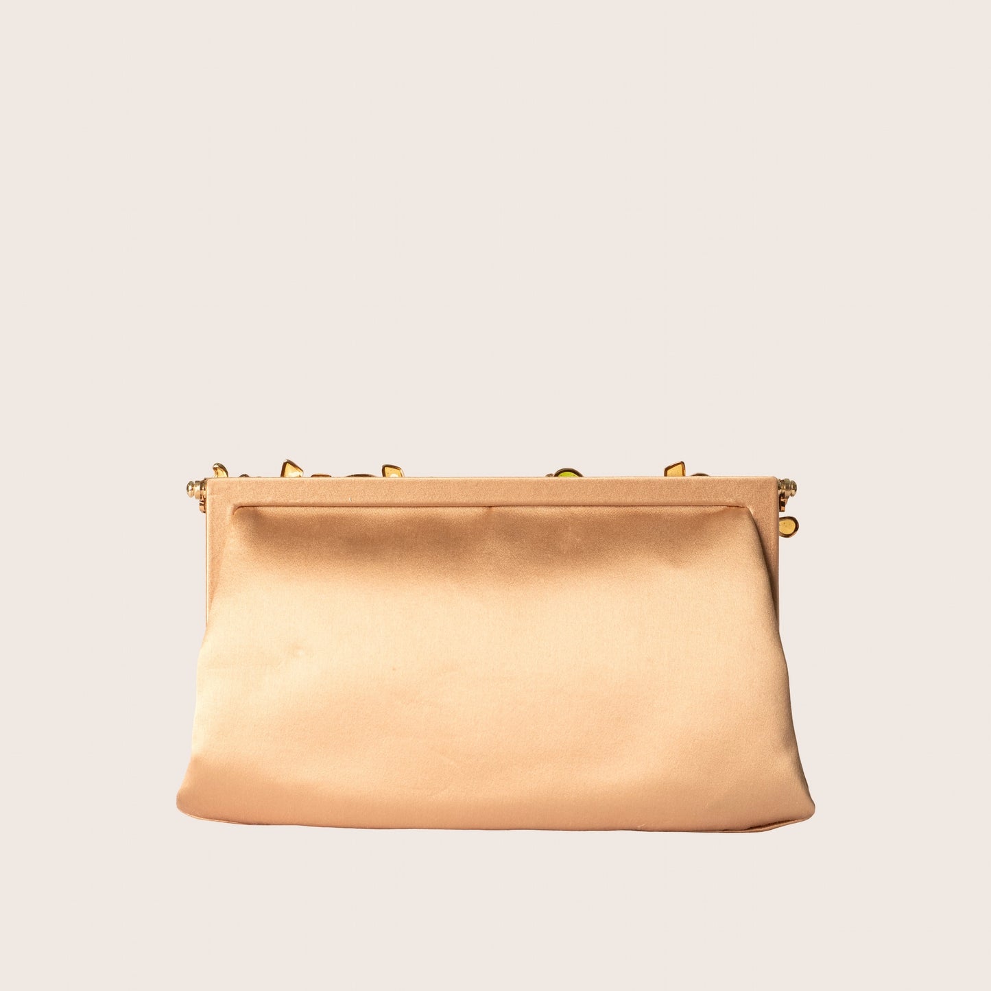 Valentino Garavani Champagne Satin Clutch with Floral Enamel & Crystal Frame