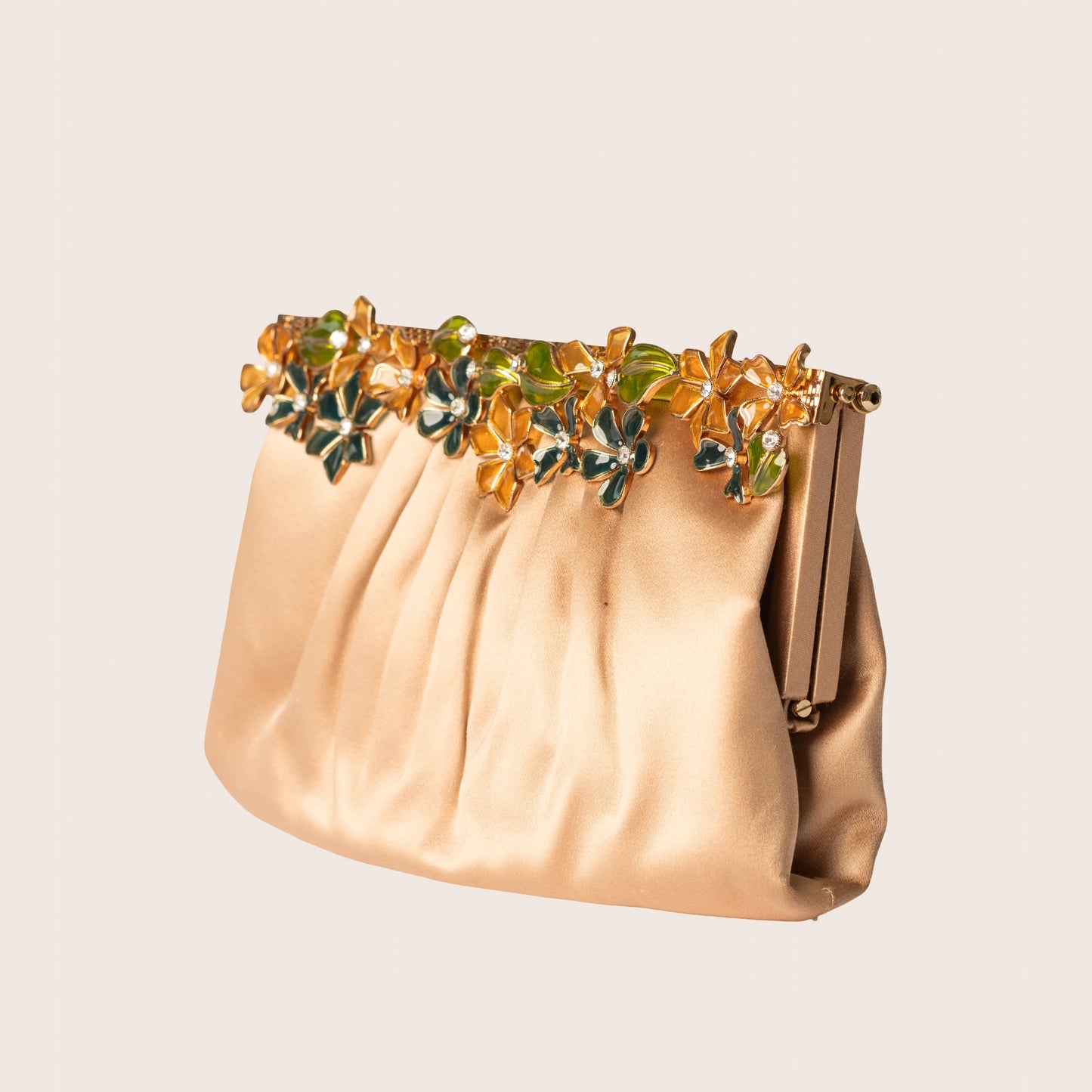 Valentino Garavani Champagne Satin Clutch with Floral Enamel & Crystal Frame