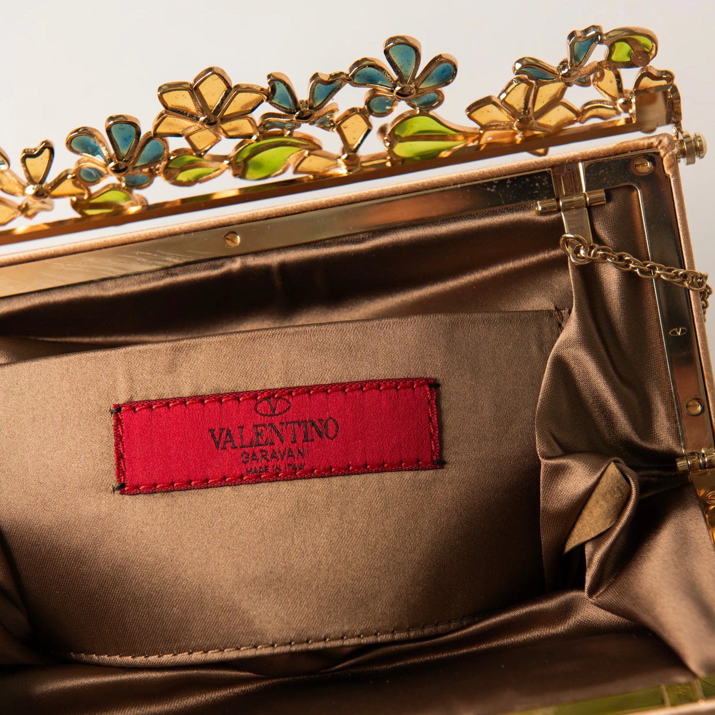 Valentino Garavani Champagne Satin Clutch with Floral Enamel & Crystal Frame
