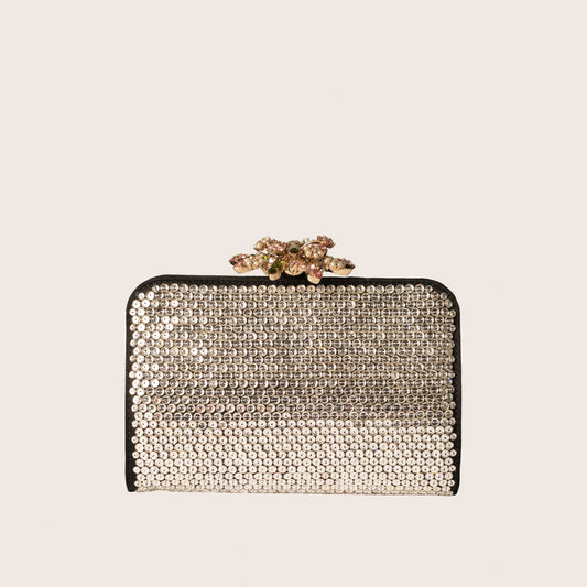 Valentino Black Satin Clutch with Pink Crystal Bow Clasp & Full Crystal Embellishment