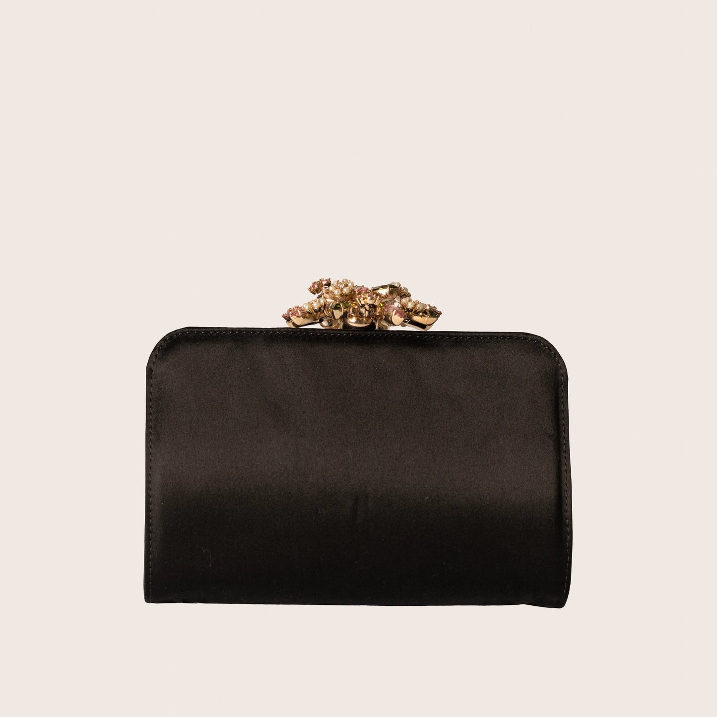 Valentino Black Satin Clutch with Pink Crystal Bow Clasp & Full Crystal Embellishment