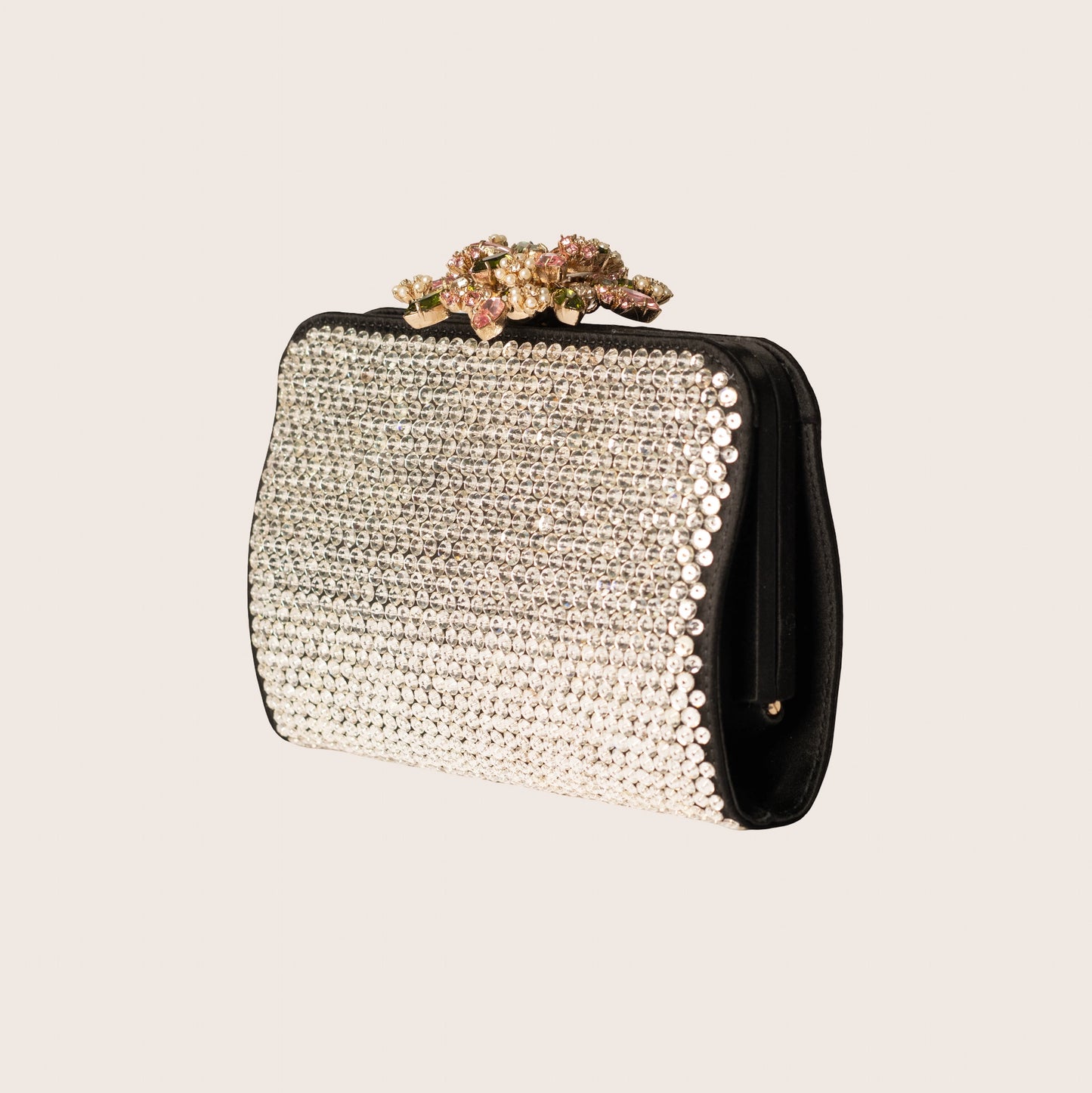 Valentino Black Satin Clutch with Pink Crystal Bow Clasp & Full Crystal Embellishment
