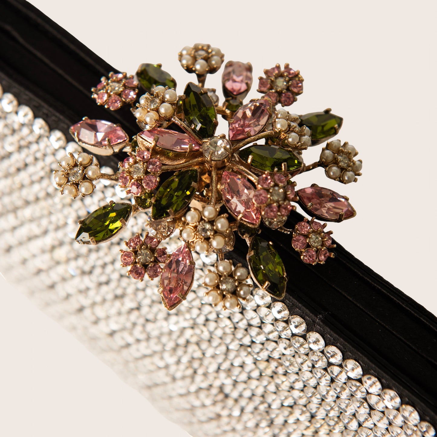 Valentino Black Satin Clutch with Pink Crystal Bow Clasp & Full Crystal Embellishment