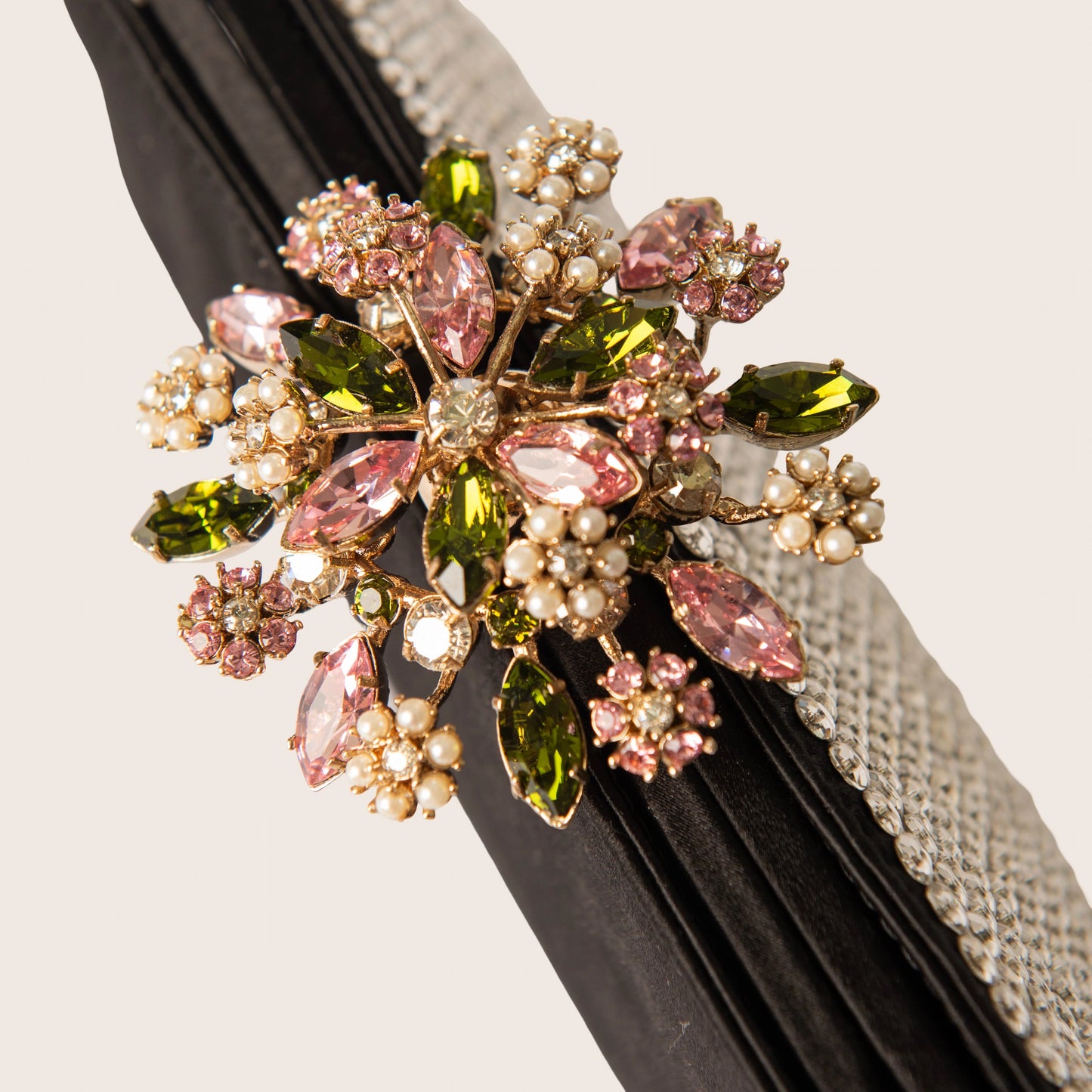 Valentino Black Satin Clutch with Pink Crystal Bow Clasp & Full Crystal Embellishment