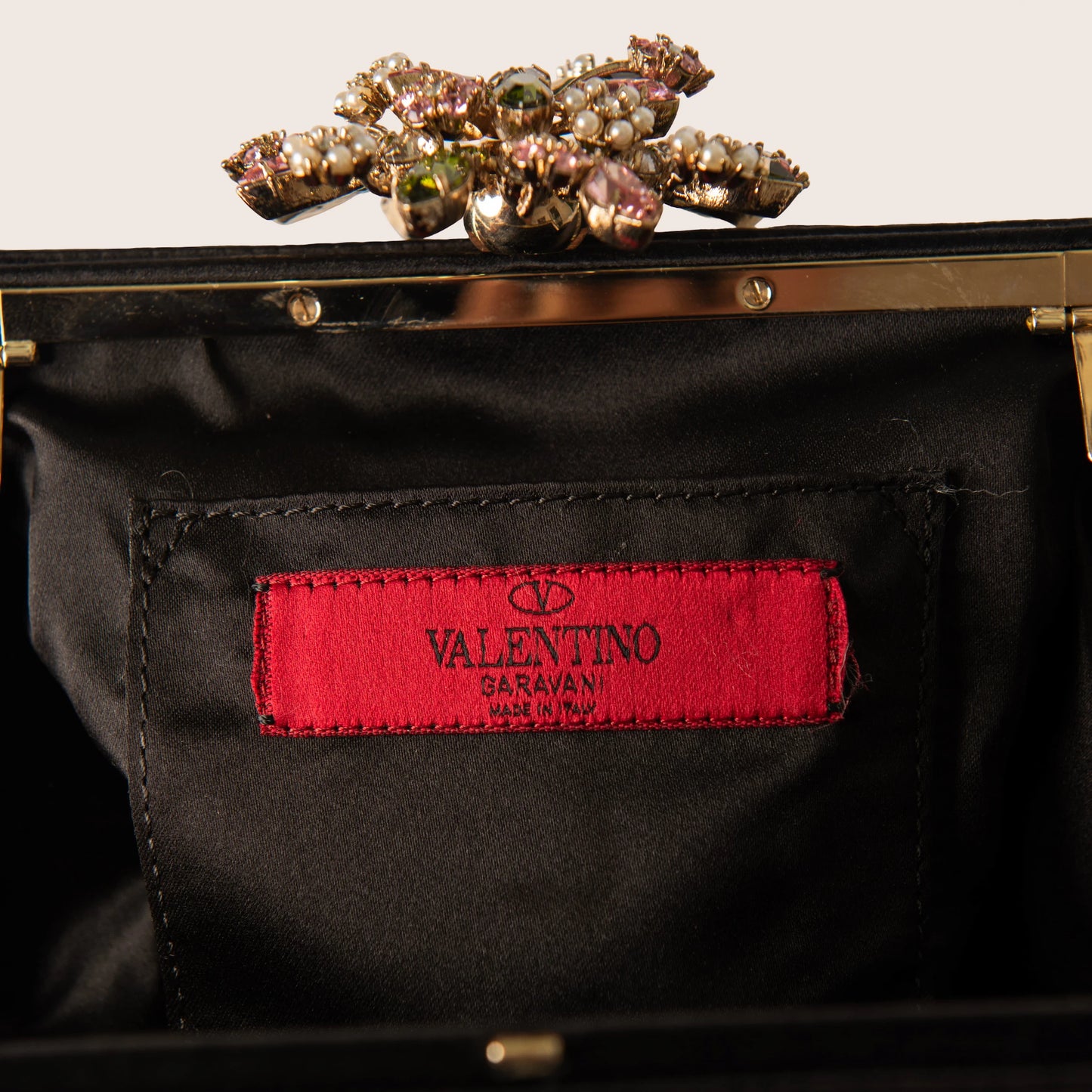 Valentino Black Satin Clutch with Pink Crystal Bow Clasp & Full Crystal Embellishment