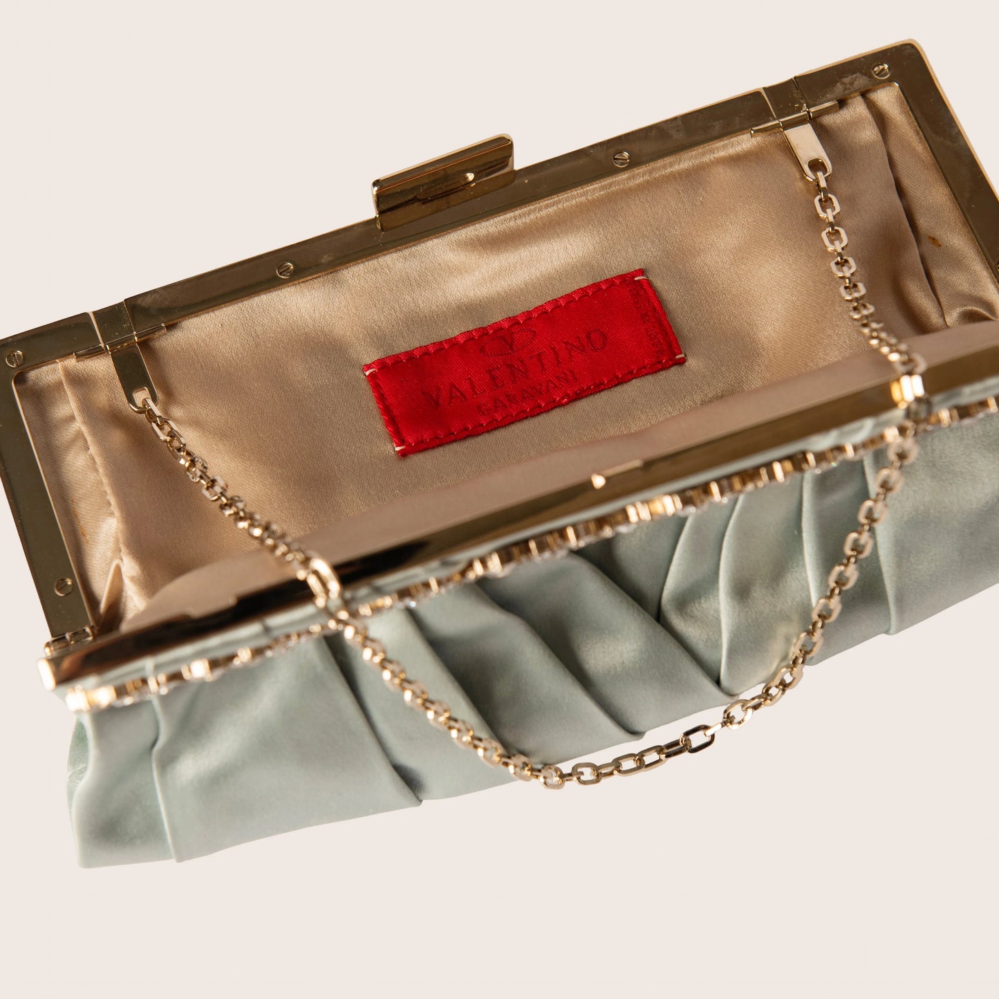 Valentino Mint Green Satin Crystal Blossom Clutch