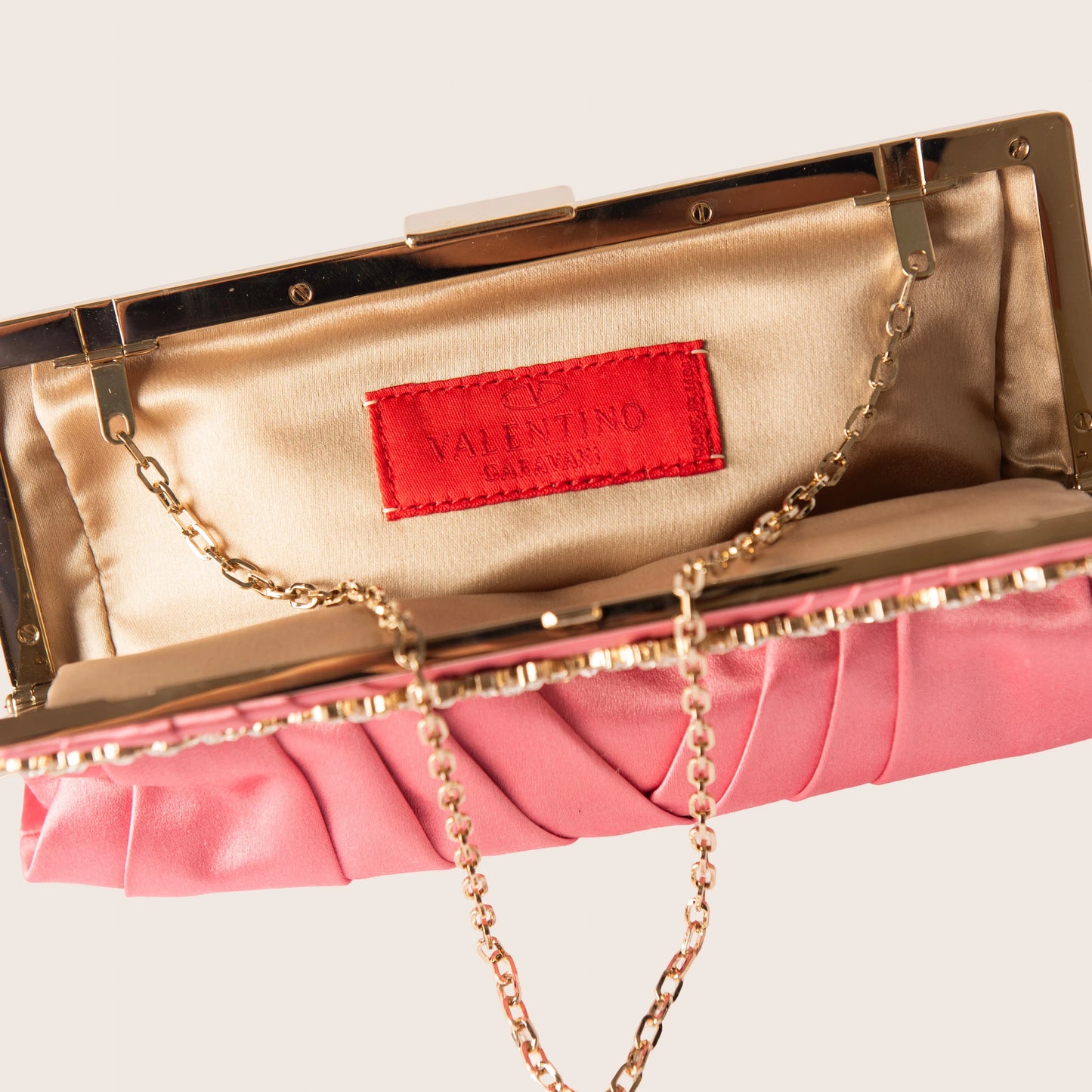 Valentino Pink Satin Clutch with Floral Crystal Detail