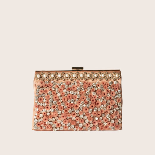 Valentino Pink Rosette Satin Clutch with Crystals and Pearl Trim