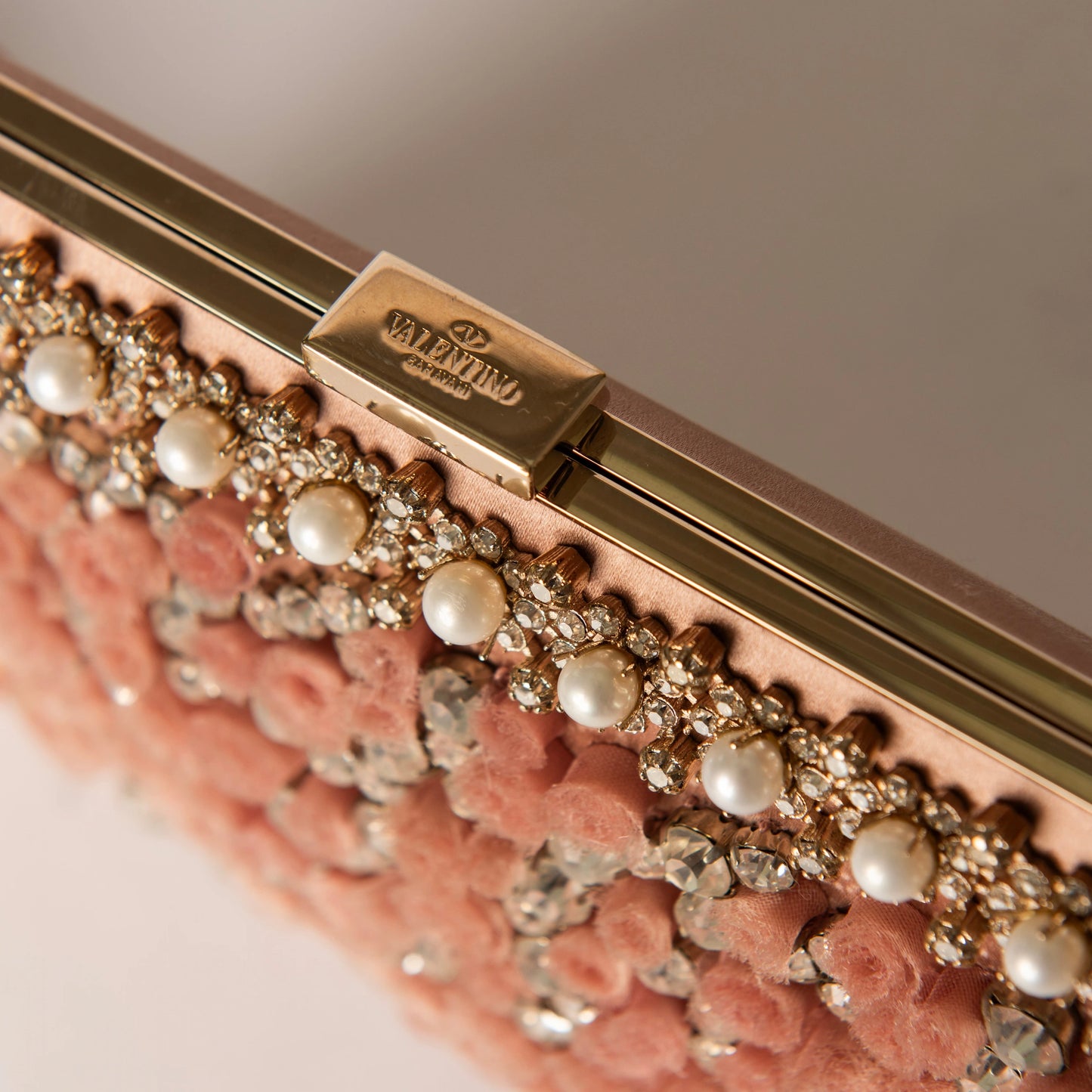 Valentino Pink Rosette Satin Clutch with Crystals and Pearl Trim