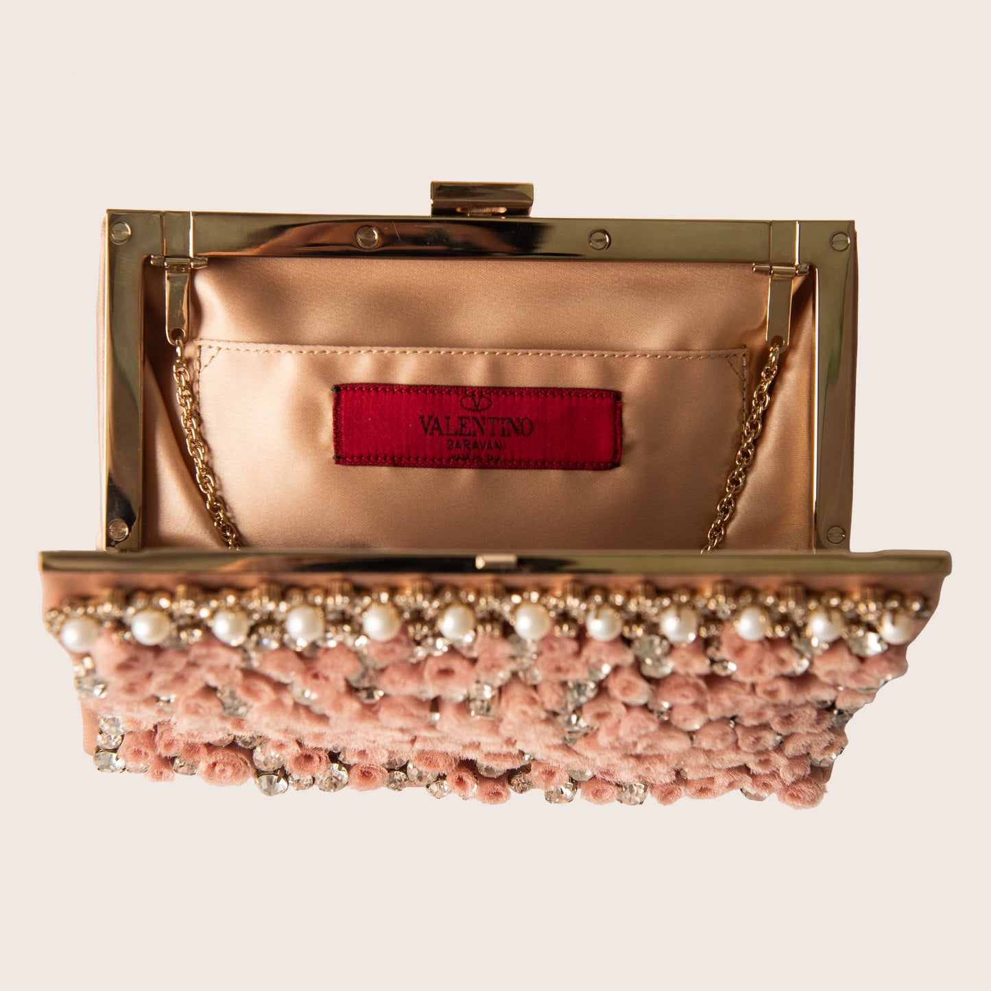 Valentino Pink Rosette Satin Clutch with Crystals and Pearl Trim