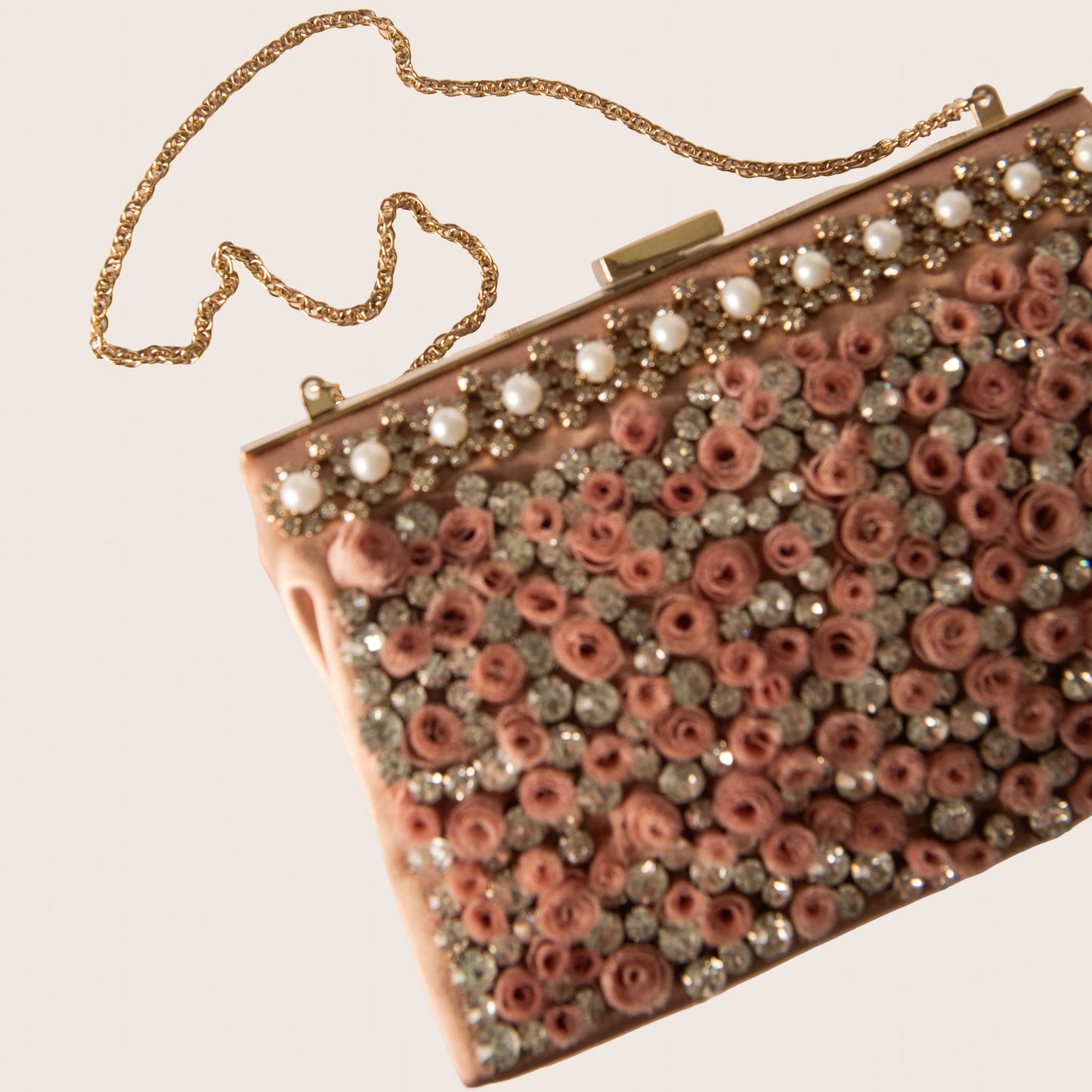 Valentino Pink Rosette Satin Clutch with Crystals and Pearl Trim