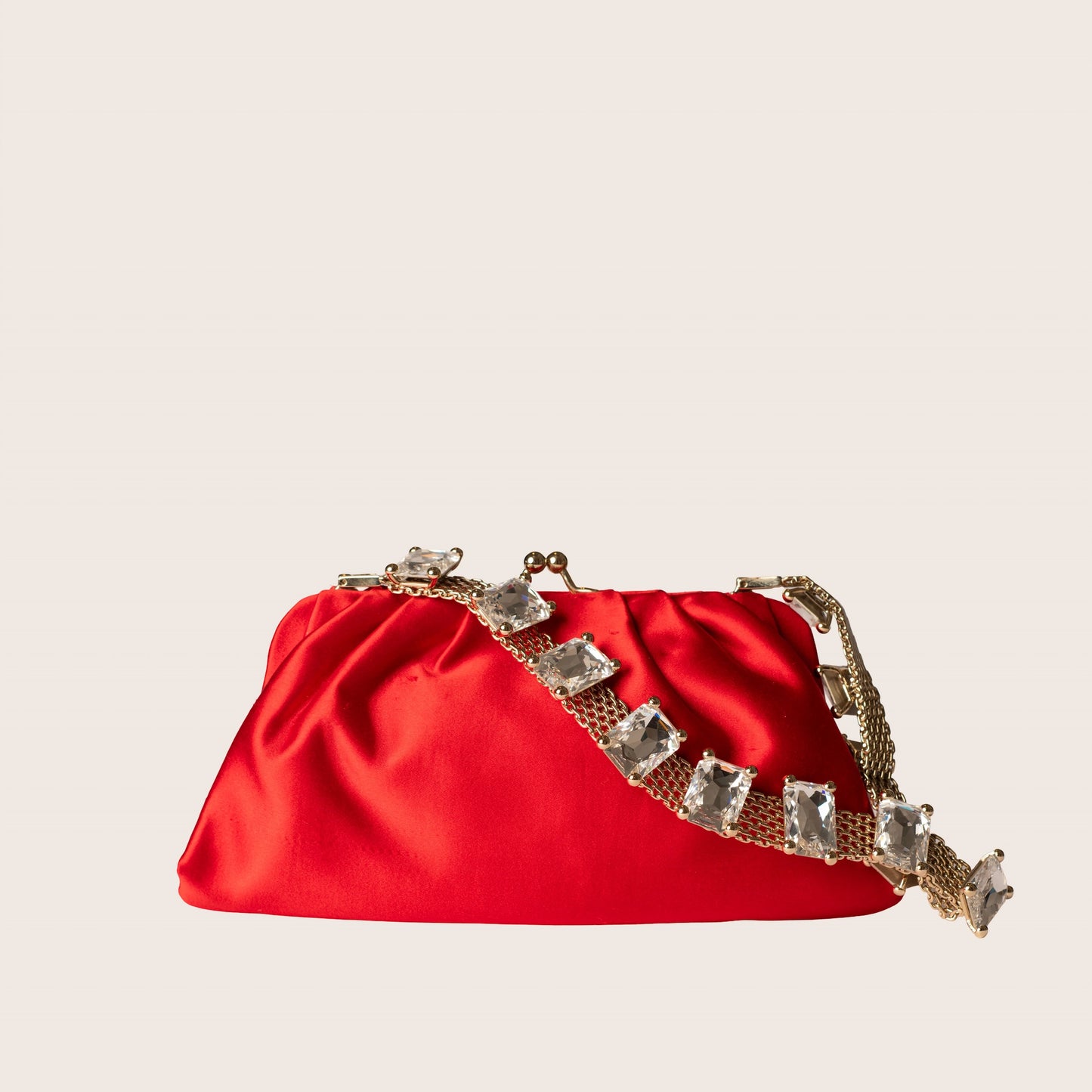 Valentino Red Satin Clutch with Crystal Strap Detail