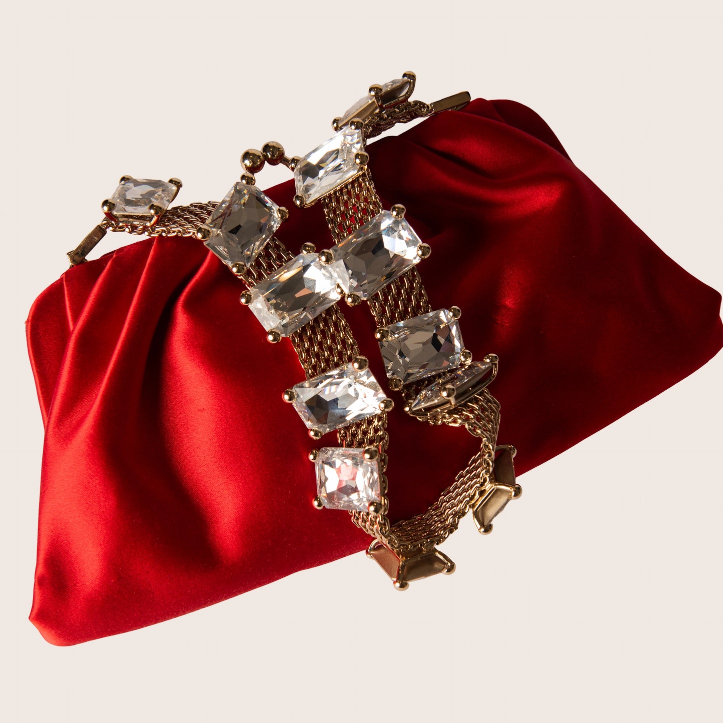 Valentino Red Satin Clutch with Crystal Strap Detail