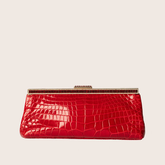 Valentino Red Croc-Embossed Leather Clutch with Ruby Crystal Frame