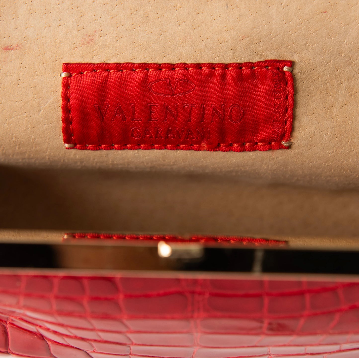 Valentino Red Croc-Embossed Leather Clutch with Ruby Crystal Frame