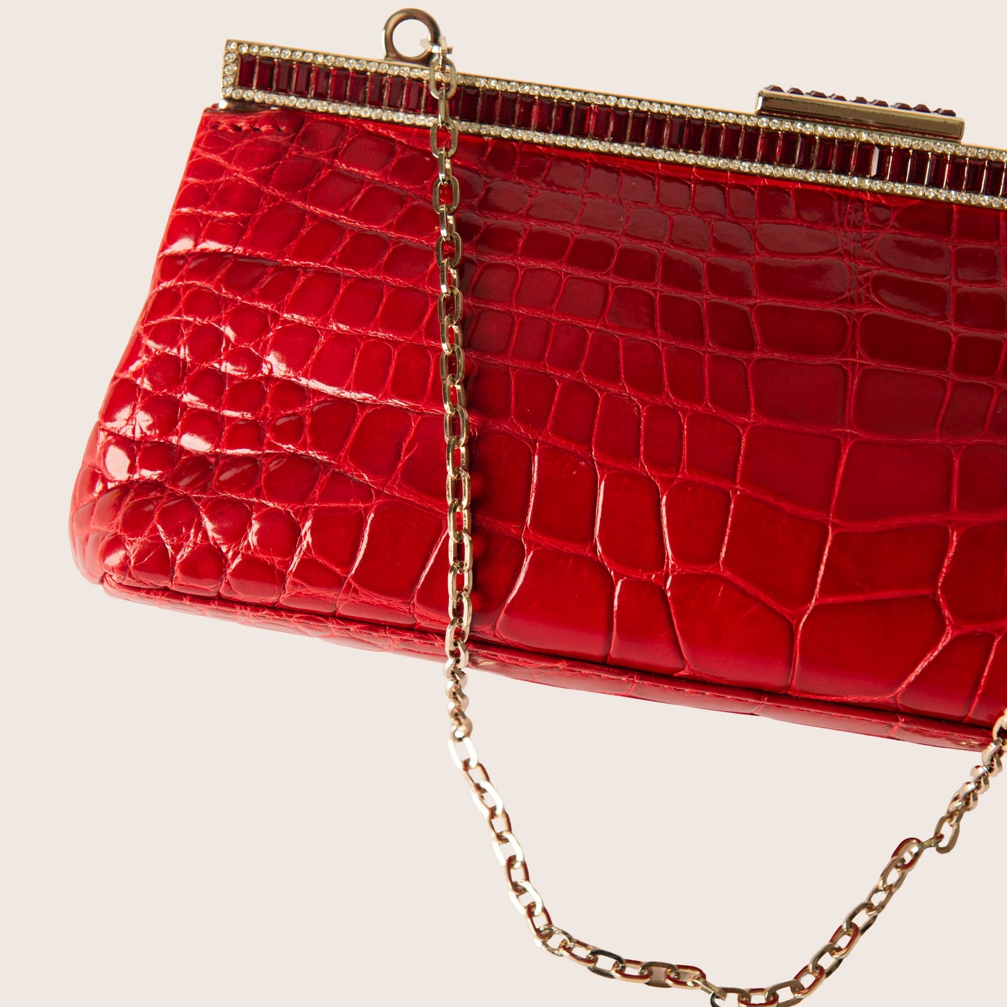 Valentino Red Croc-Embossed Leather Clutch with Ruby Crystal Frame