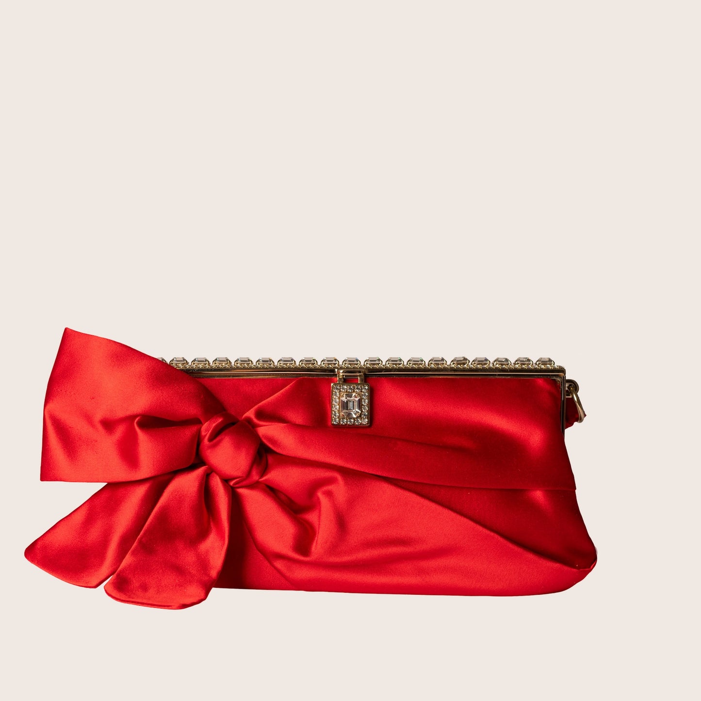 Valentino Red Satin Bow Clutch with Crystal Frame Detailing