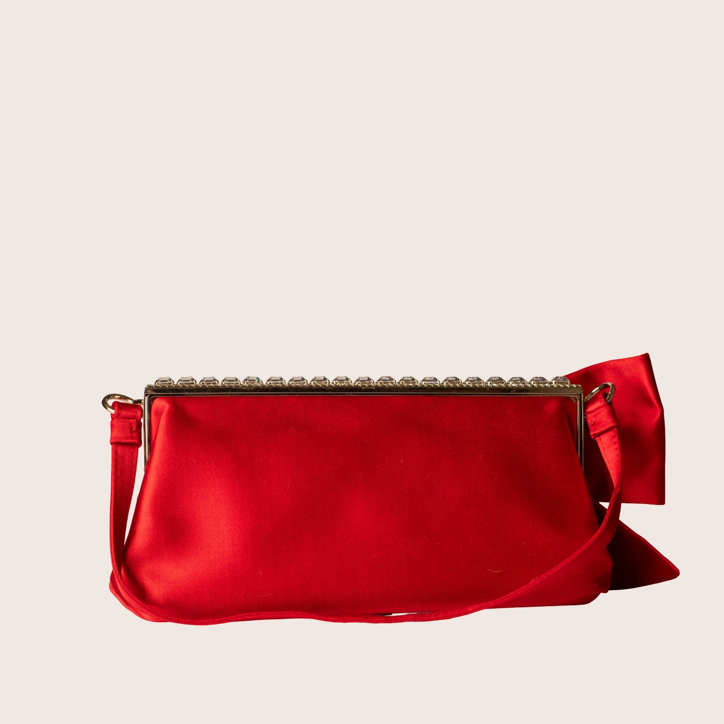 Valentino Red Satin Bow Clutch with Crystal Frame Detailing