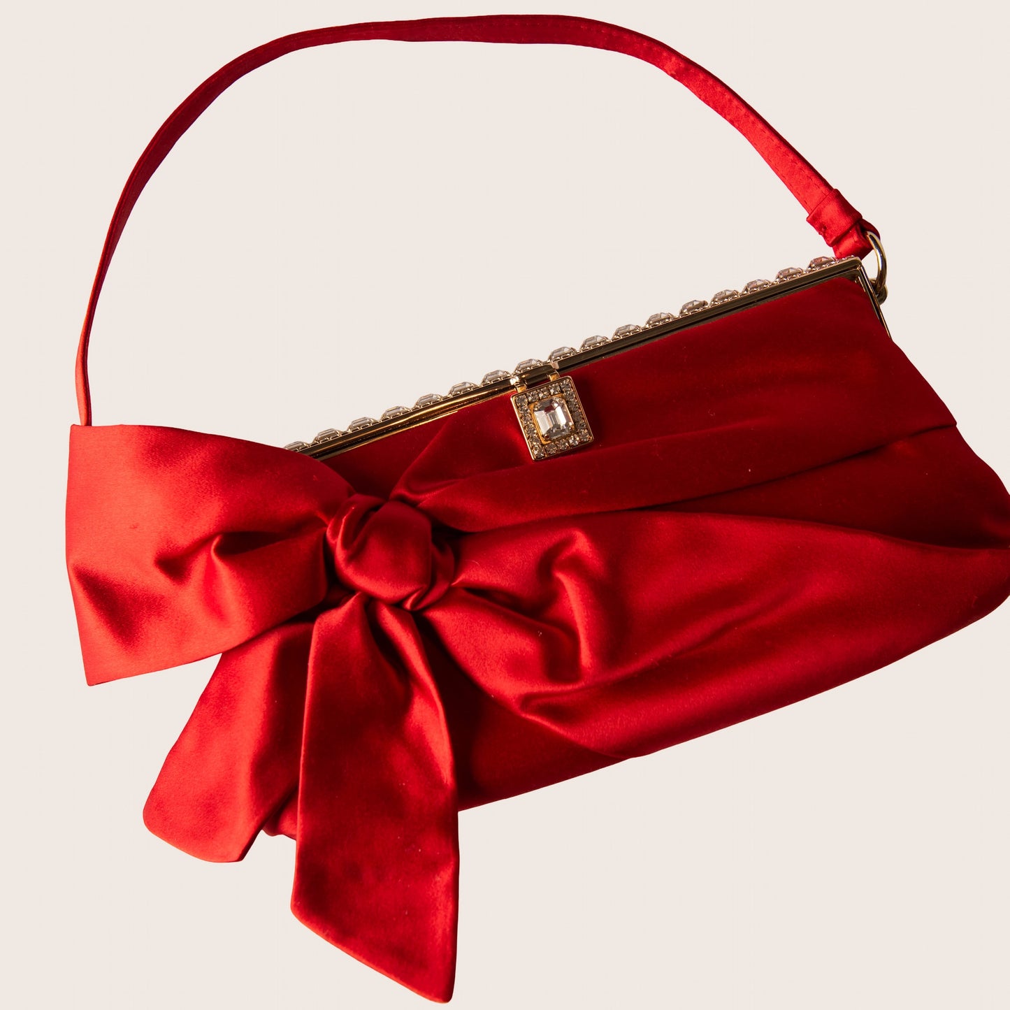 Valentino Red Satin Bow Clutch with Crystal Frame Detailing