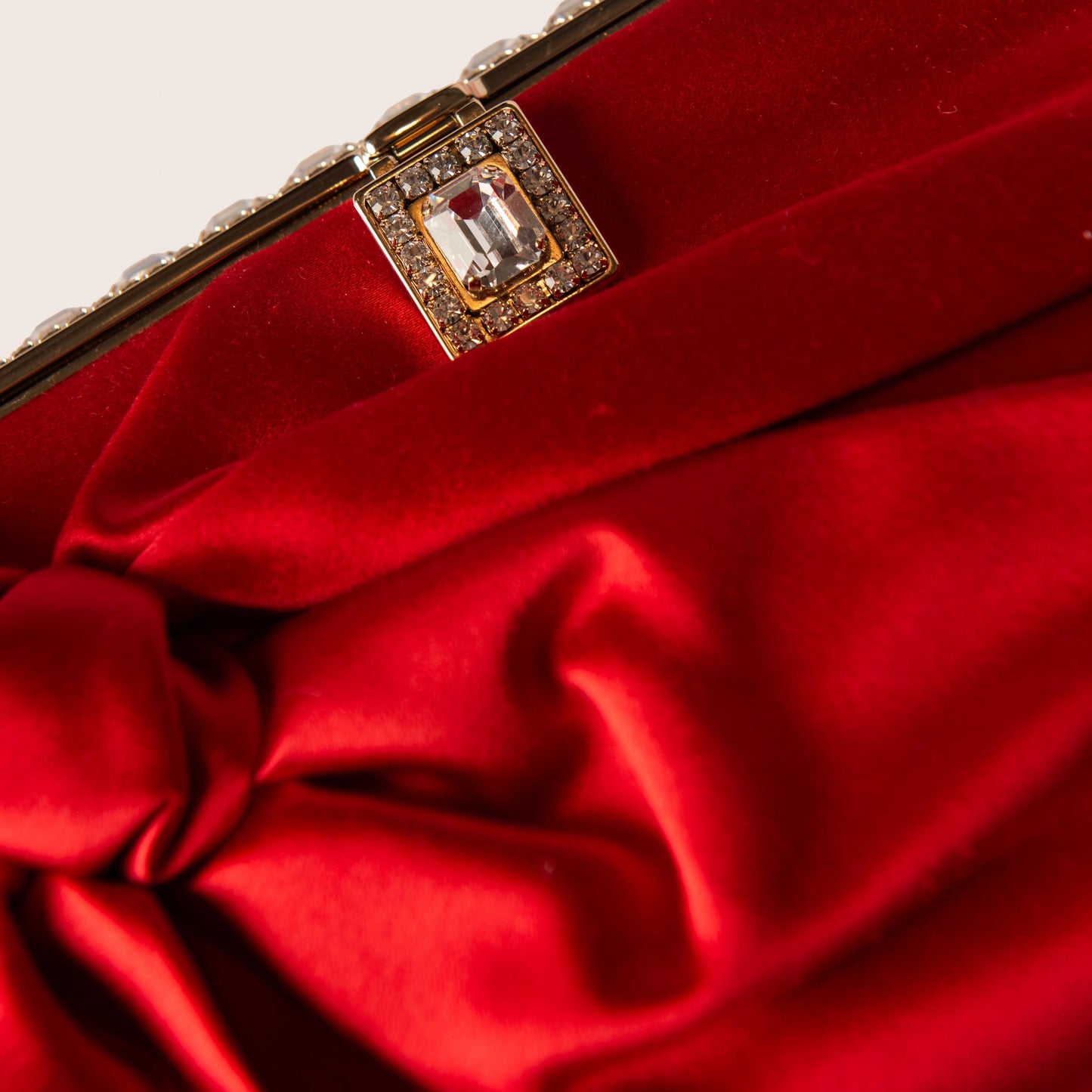 Valentino Red Satin Bow Clutch with Crystal Frame Detailing