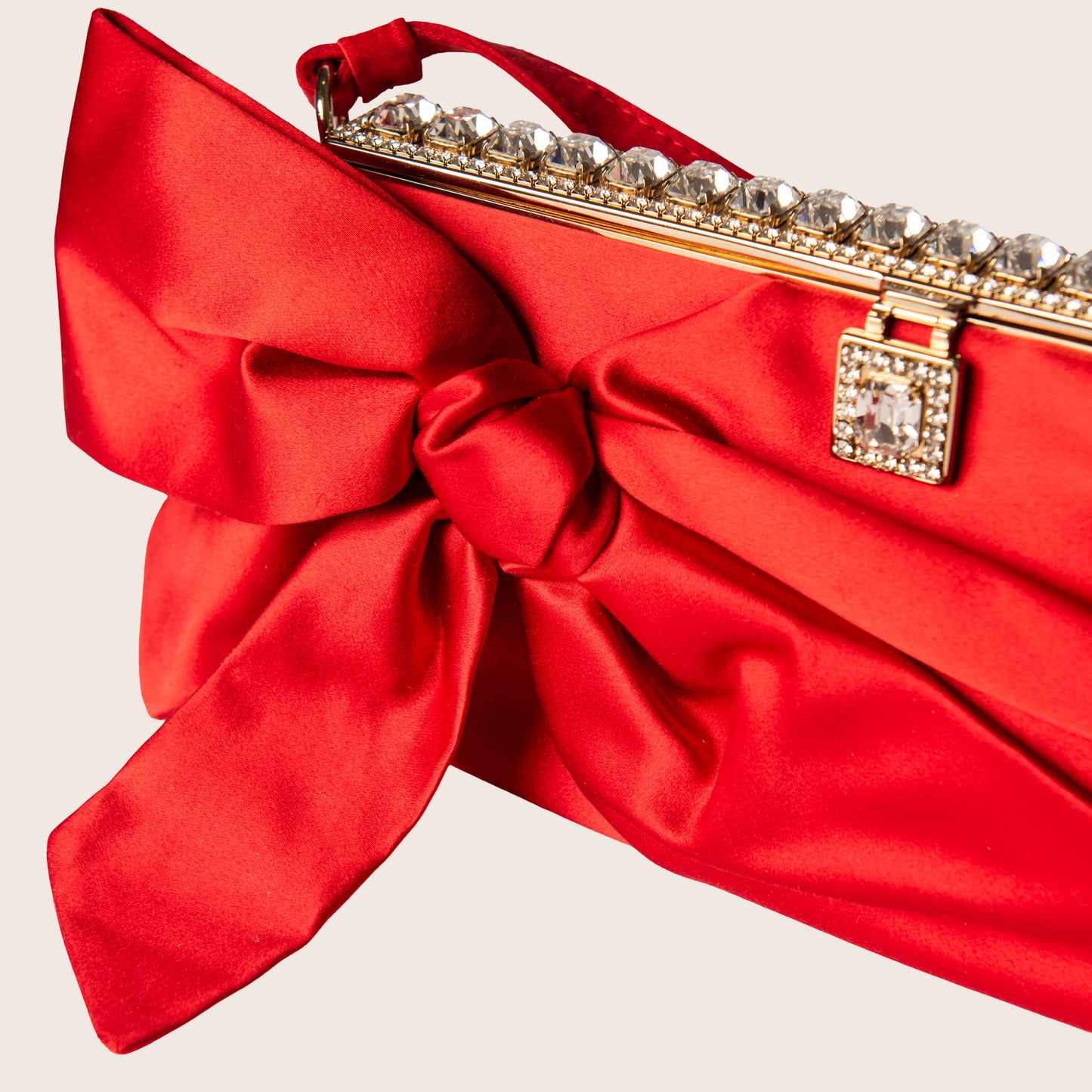 Valentino Red Satin Bow Clutch with Crystal Frame Detailing