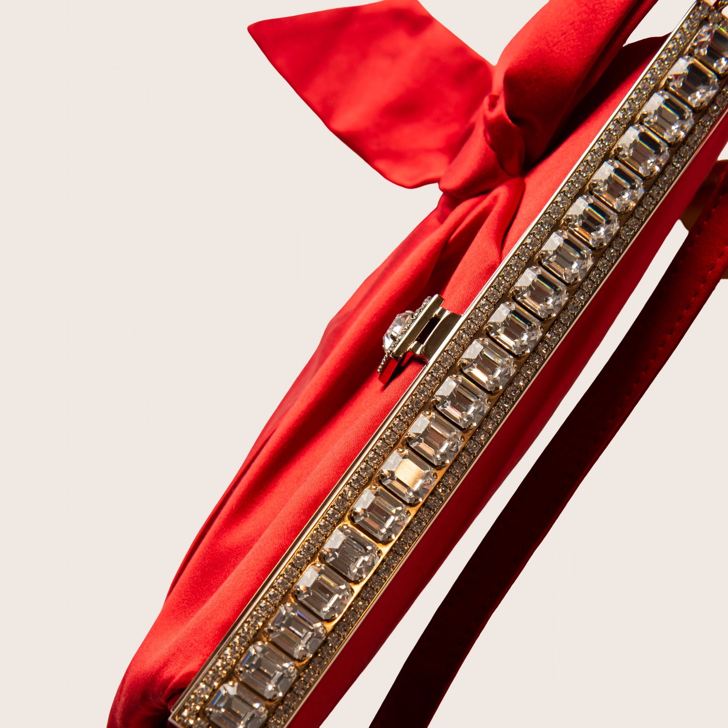 Valentino Red Satin Bow Clutch with Crystal Frame Detailing