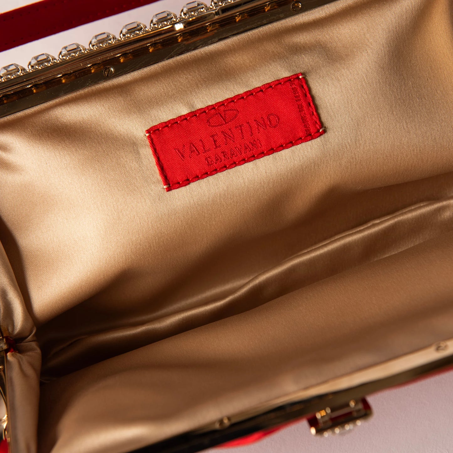 Valentino Red Satin Bow Clutch with Crystal Frame Detailing