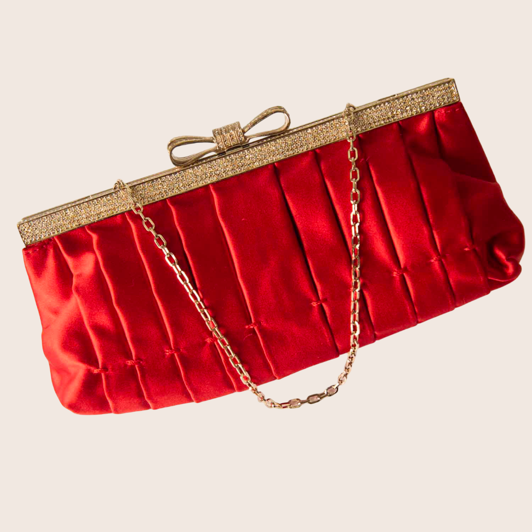 Valentino Red Satin Pleated Clutch with Crystal Bow Clasp