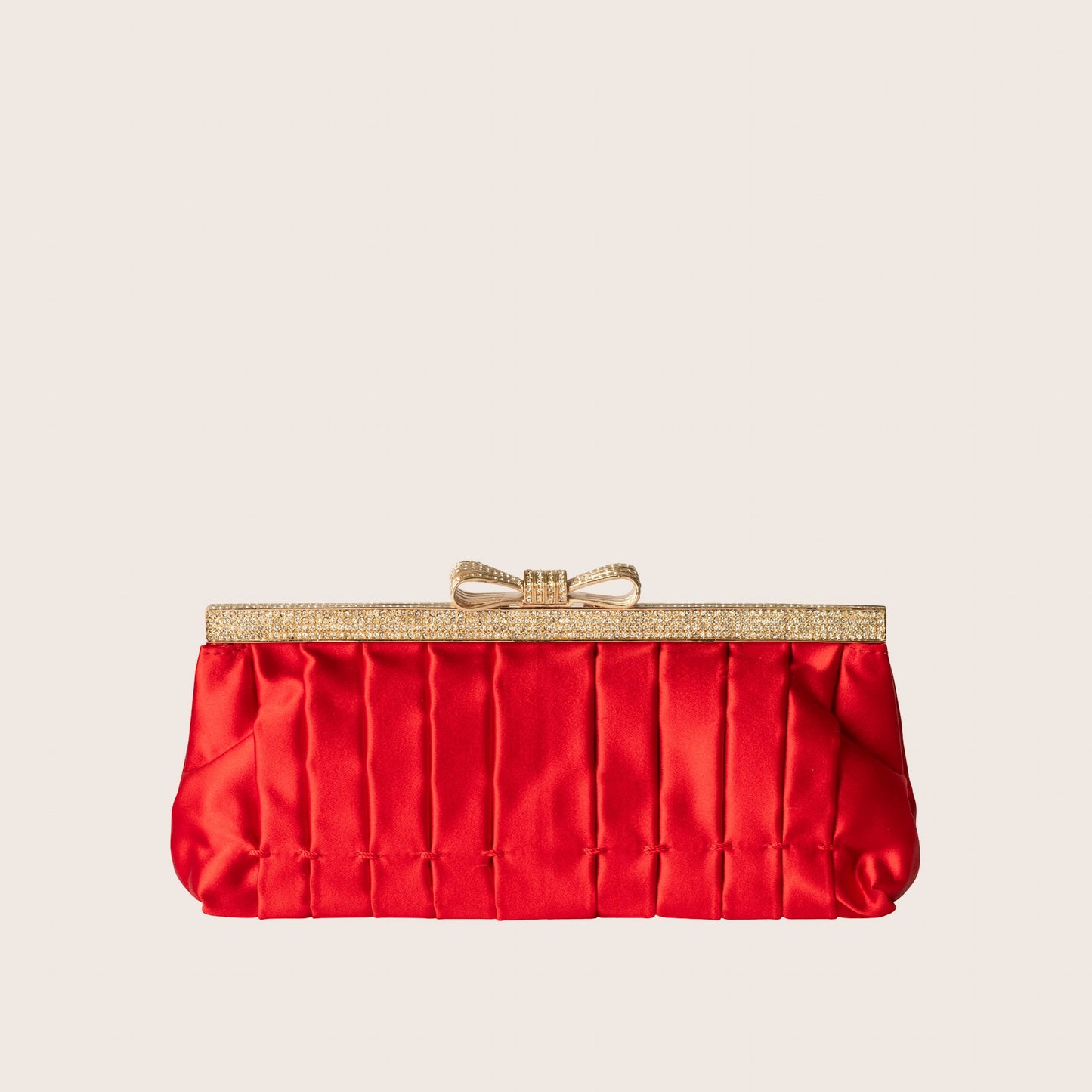Valentino Red Satin Pleated Clutch with Crystal Bow Clasp