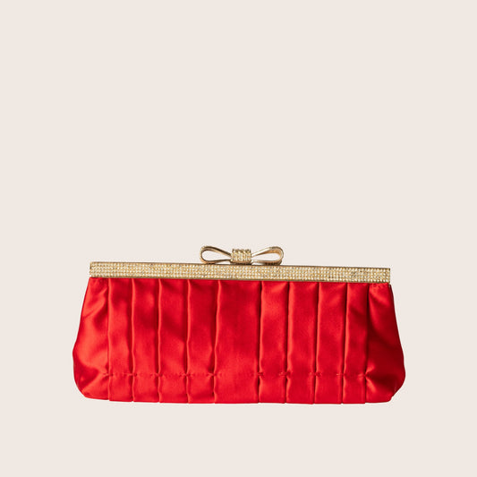 Valentino Red Satin Pleated Clutch with Crystal Bow Clasp