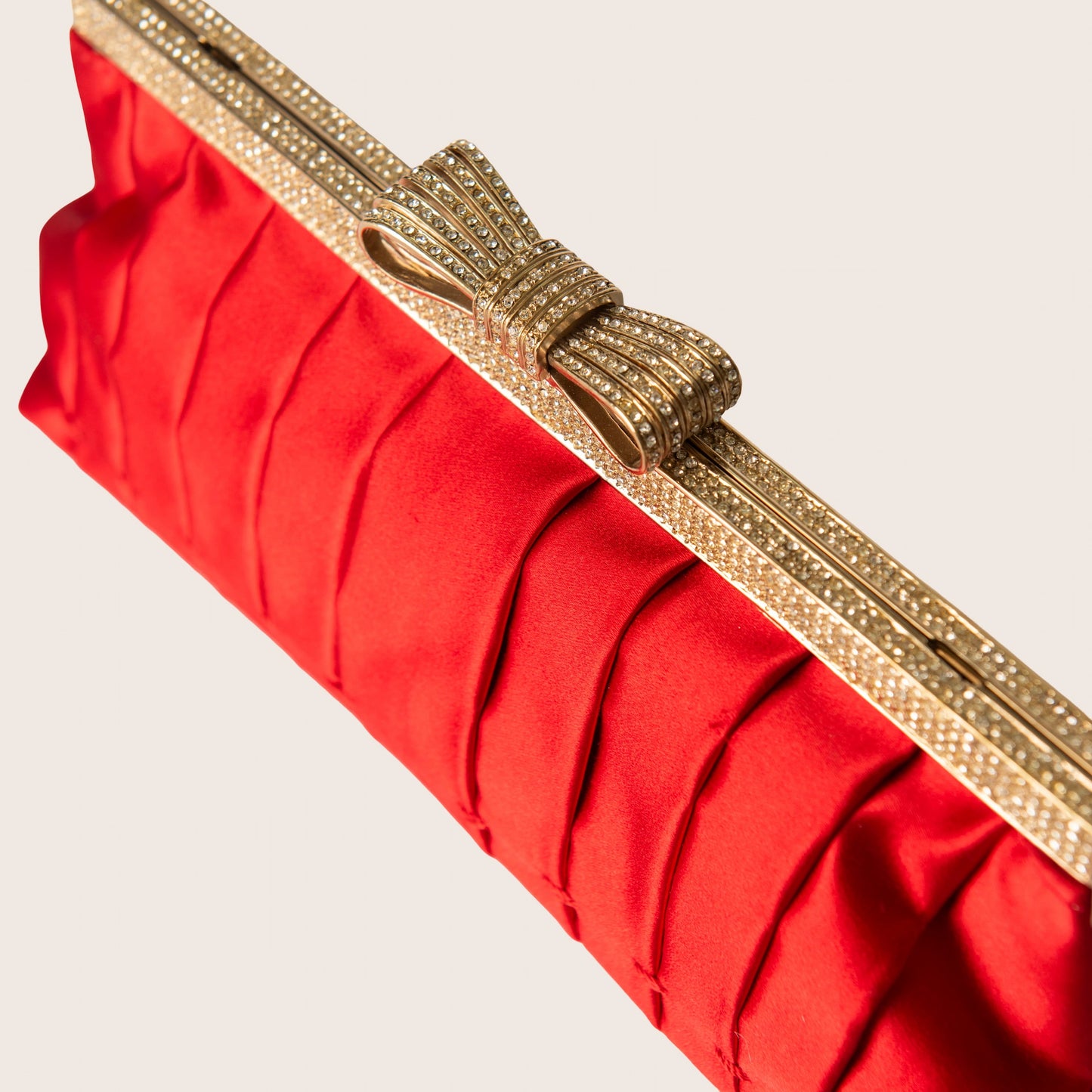 Valentino Red Satin Pleated Clutch with Crystal Bow Clasp
