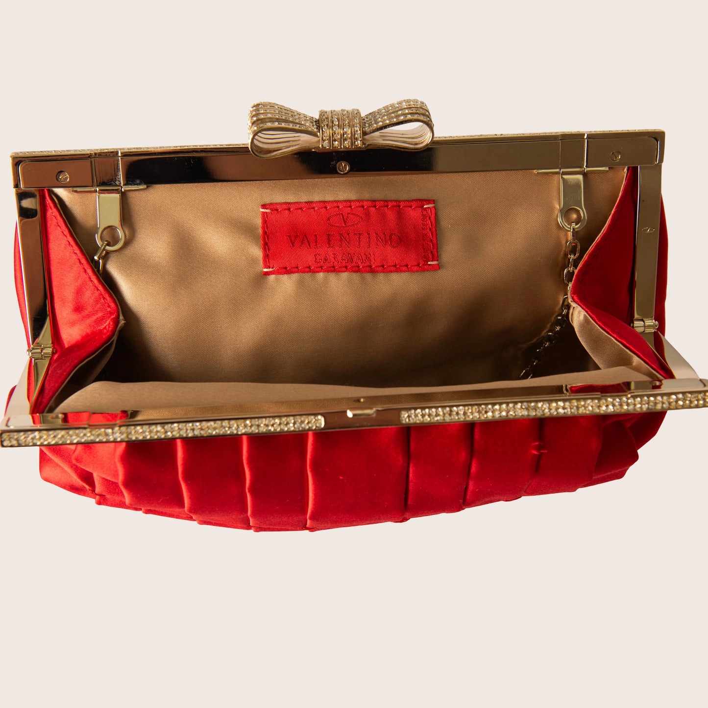 Valentino Red Satin Pleated Clutch with Crystal Bow Clasp