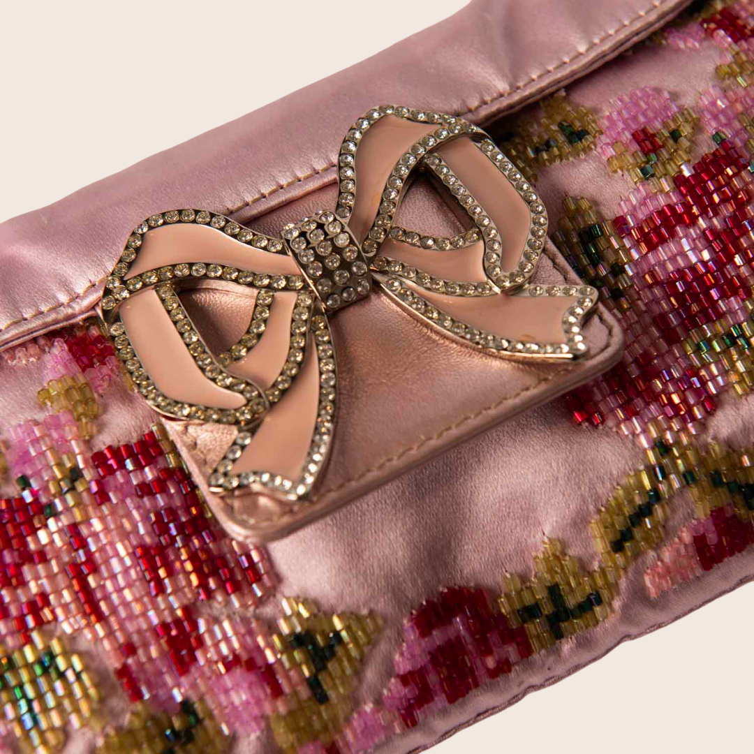 Valentino Pink Satin Bow Clutch with Floral Beaded Embroidery