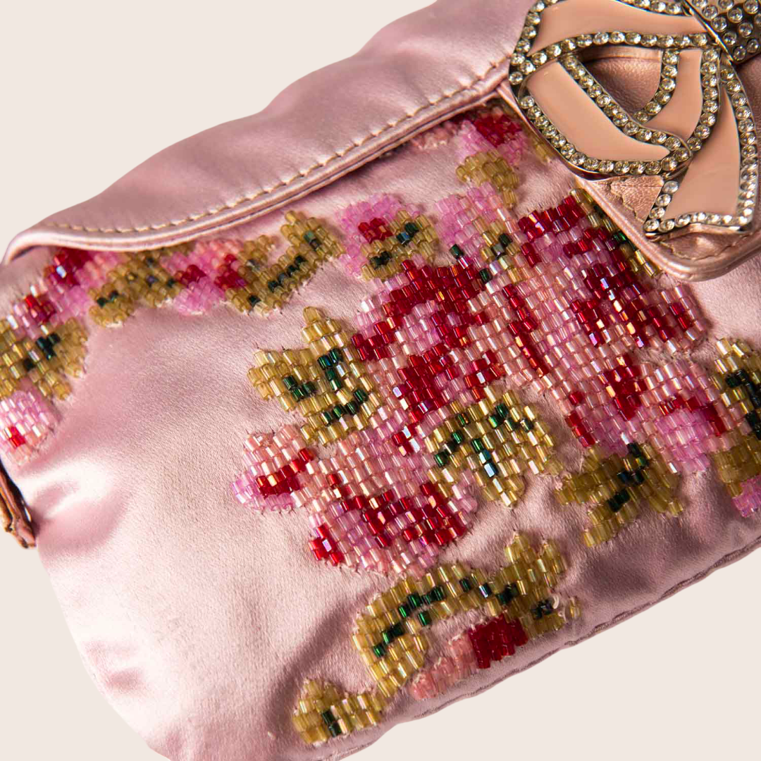 Valentino Pink Satin Bow Clutch with Floral Beaded Embroidery