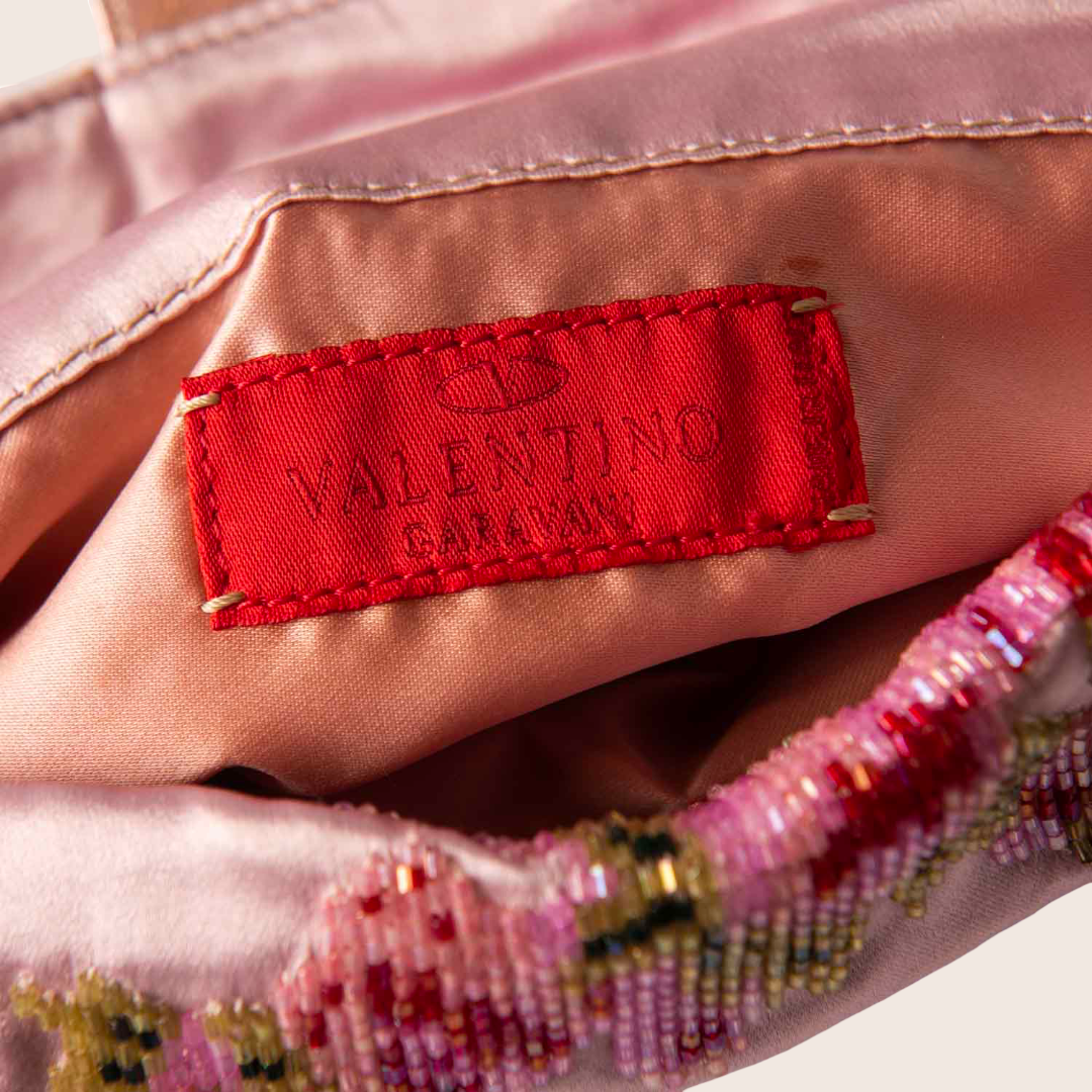 Valentino Pink Satin Bow Clutch with Floral Beaded Embroidery