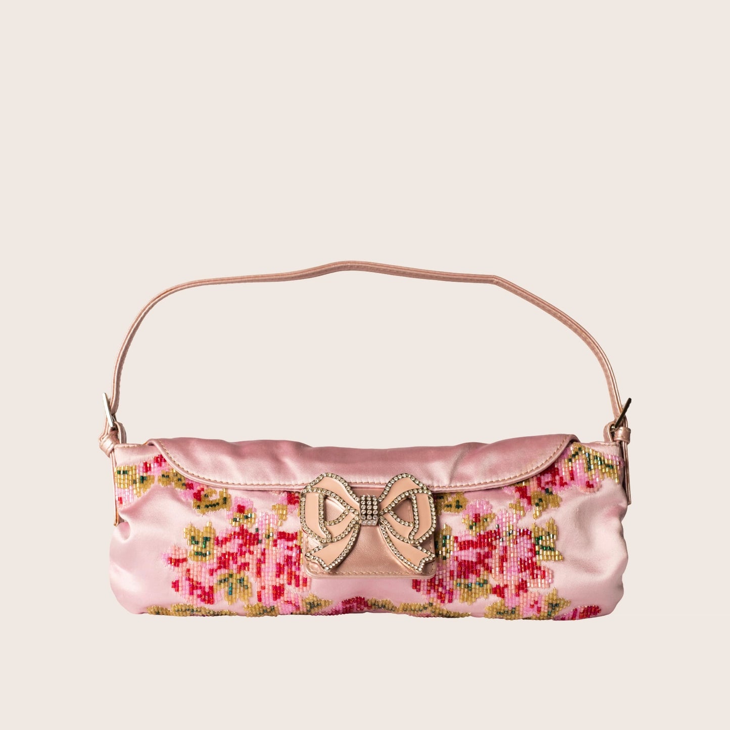 Valentino Pink Satin Bow Clutch with Floral Beaded Embroidery