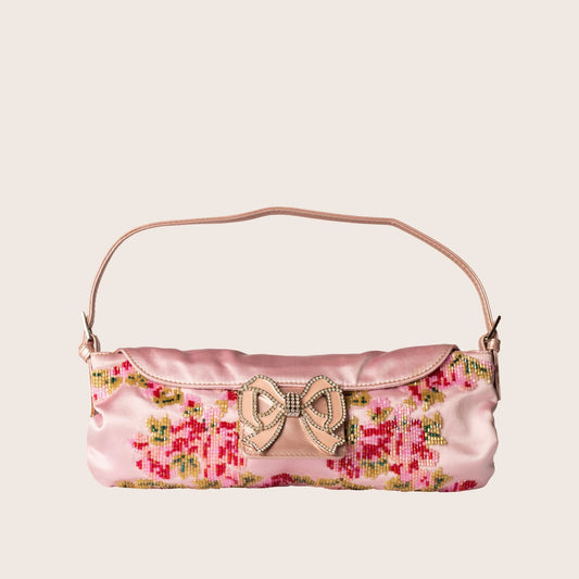Valentino Pink Satin Bow Clutch with Floral Beaded Embroidery
