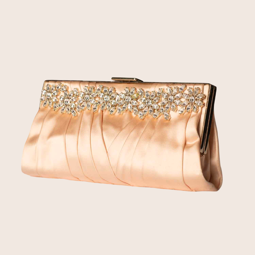Valentino Peach Satin Floral-Crystal Embellished Clutch