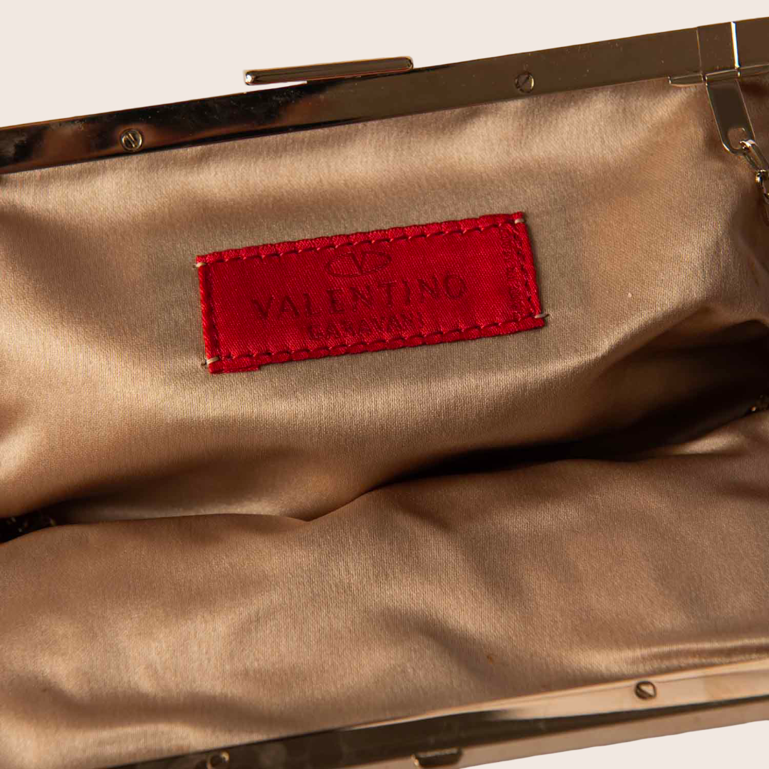 Valentino Peach Satin Floral-Crystal Embellished Clutch