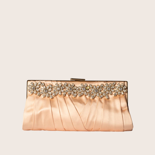 Valentino Peach Satin Floral-Crystal Embellished Clutch