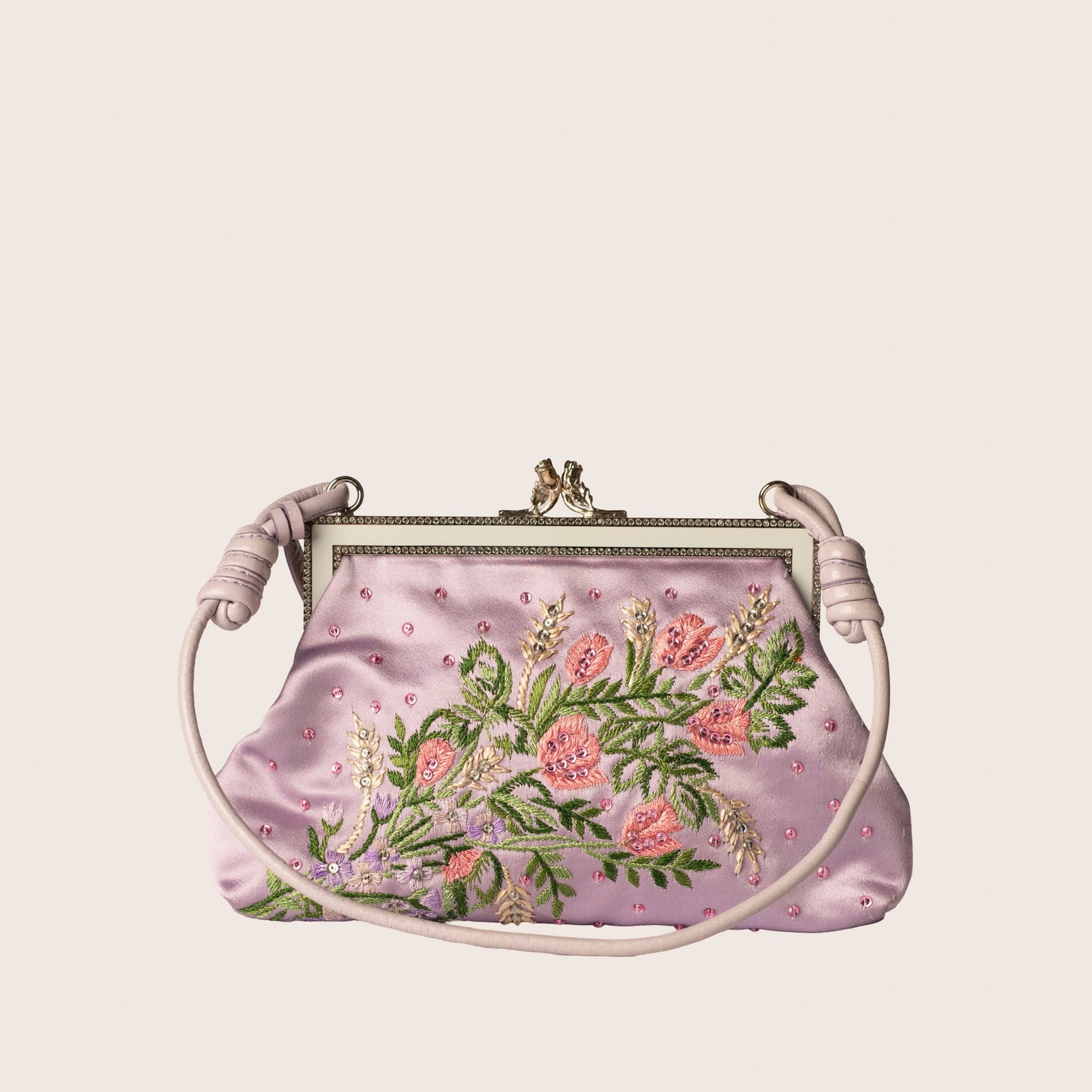 Valentino Embroidered Floral Satin Clutch with Crystal Kiss-Lock and Bird Detail